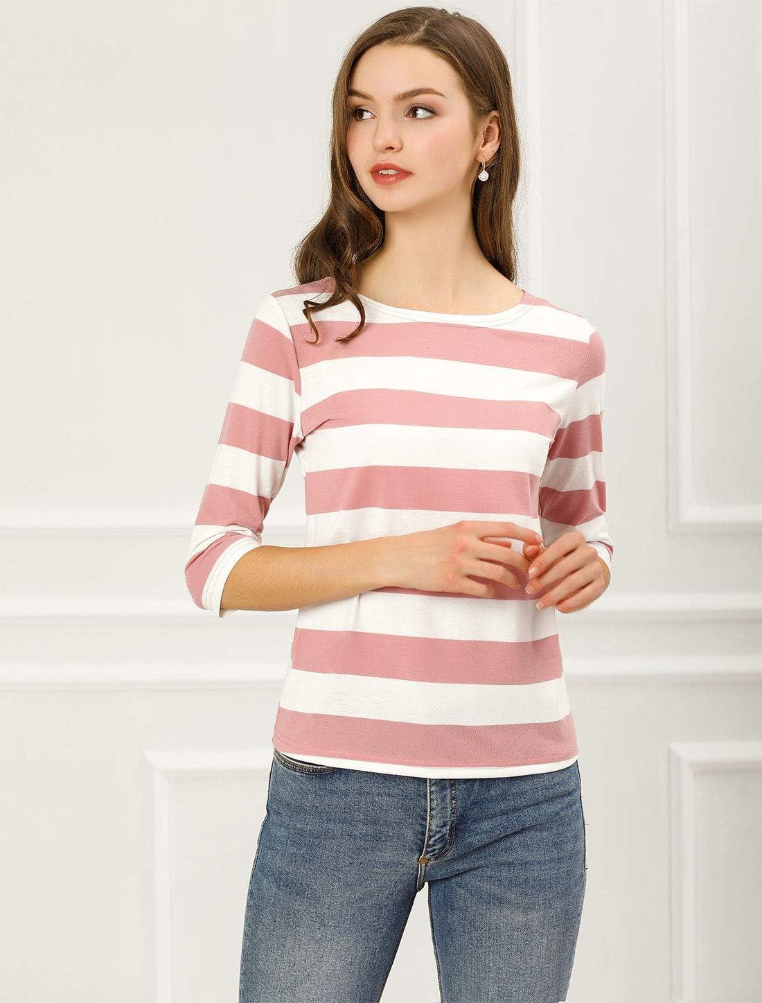 imageAllegra K Womens Striped Top Round Neck Tops Casual Long Sleeve ShirtPink White