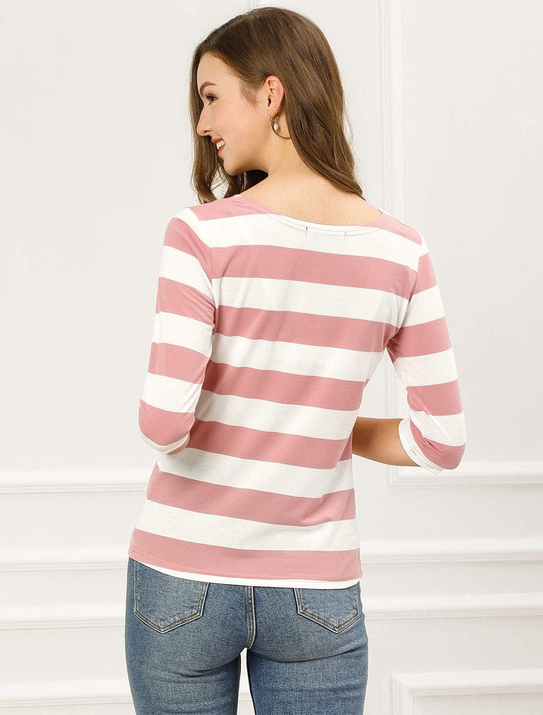 imageAllegra K Womens Striped Top Round Neck Tops Casual Long Sleeve ShirtPink White