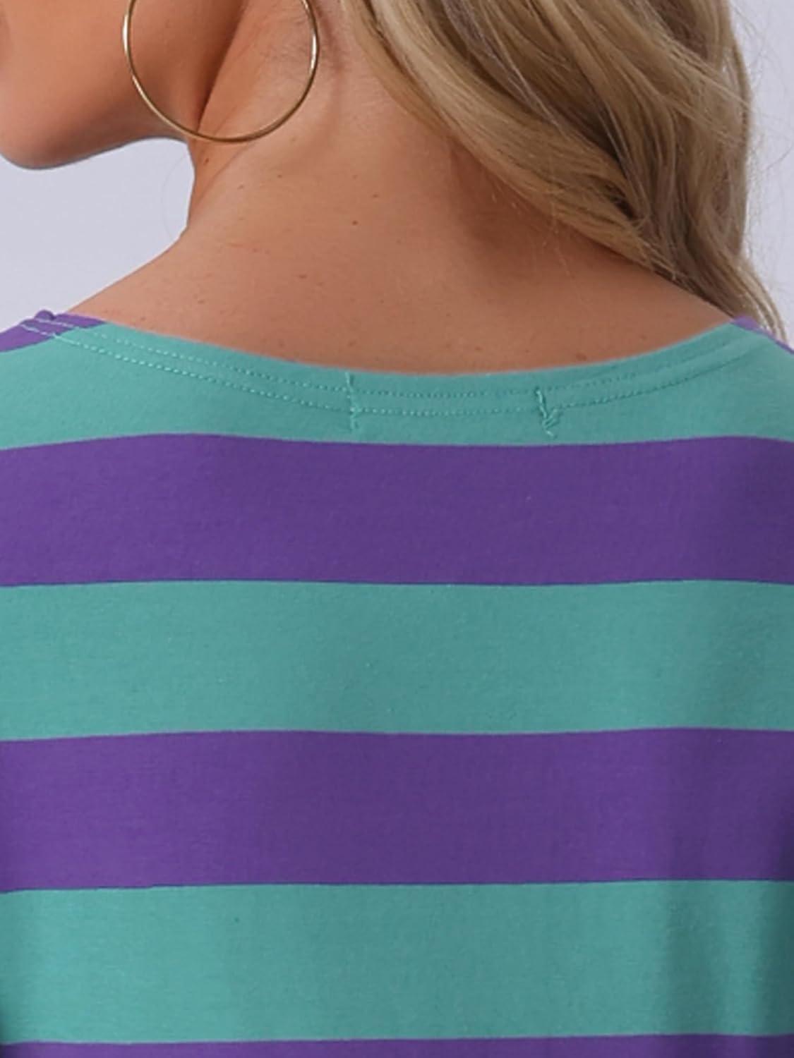 imageAllegra K Womens Striped Top Round Neck Tops Casual Long Sleeve ShirtPurple Green
