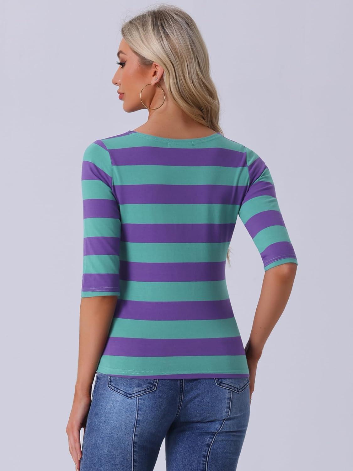 imageAllegra K Womens Striped Top Round Neck Tops Casual Long Sleeve ShirtPurple Green
