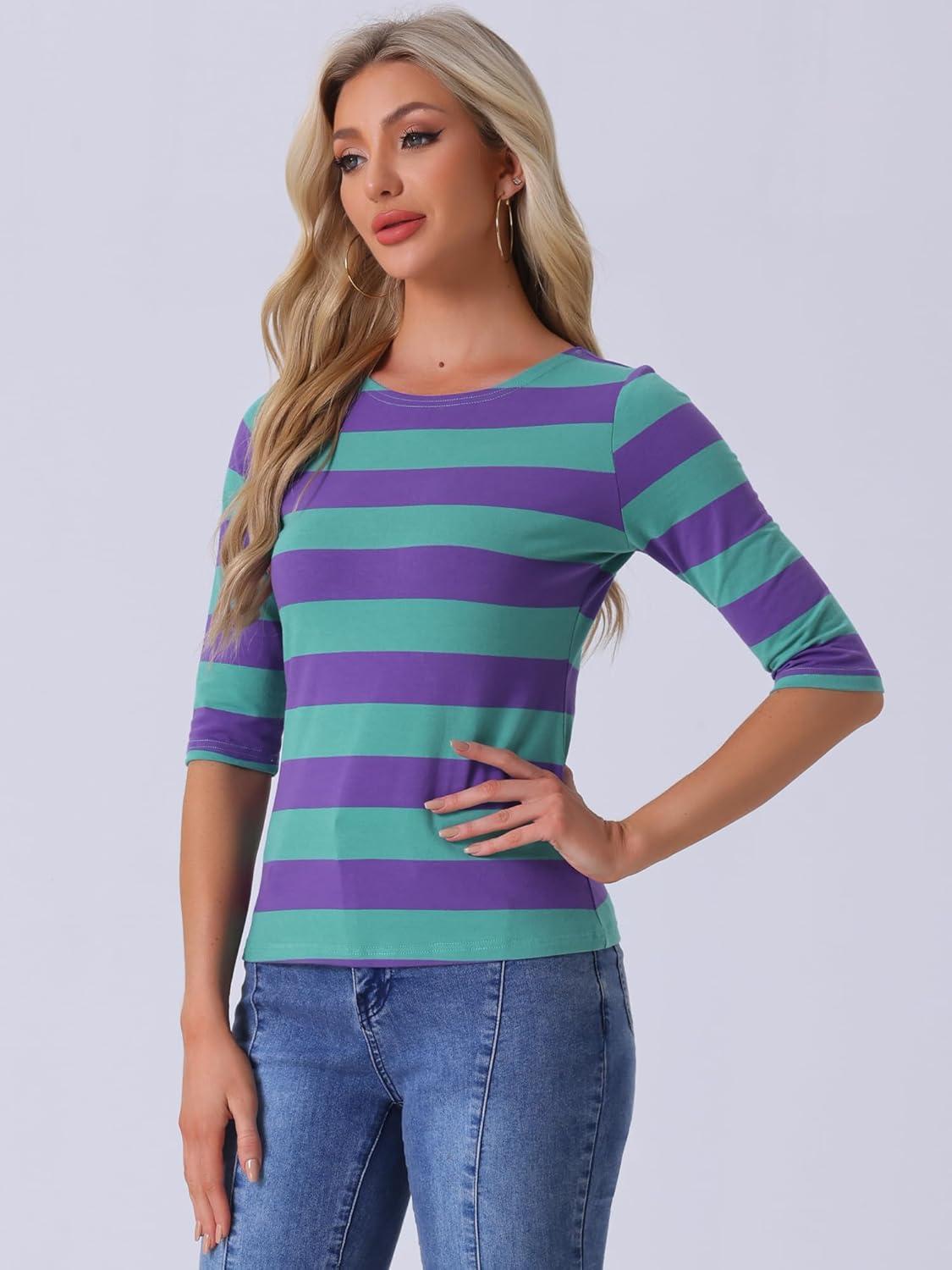 imageAllegra K Womens Striped Top Round Neck Tops Casual Long Sleeve ShirtPurple Green