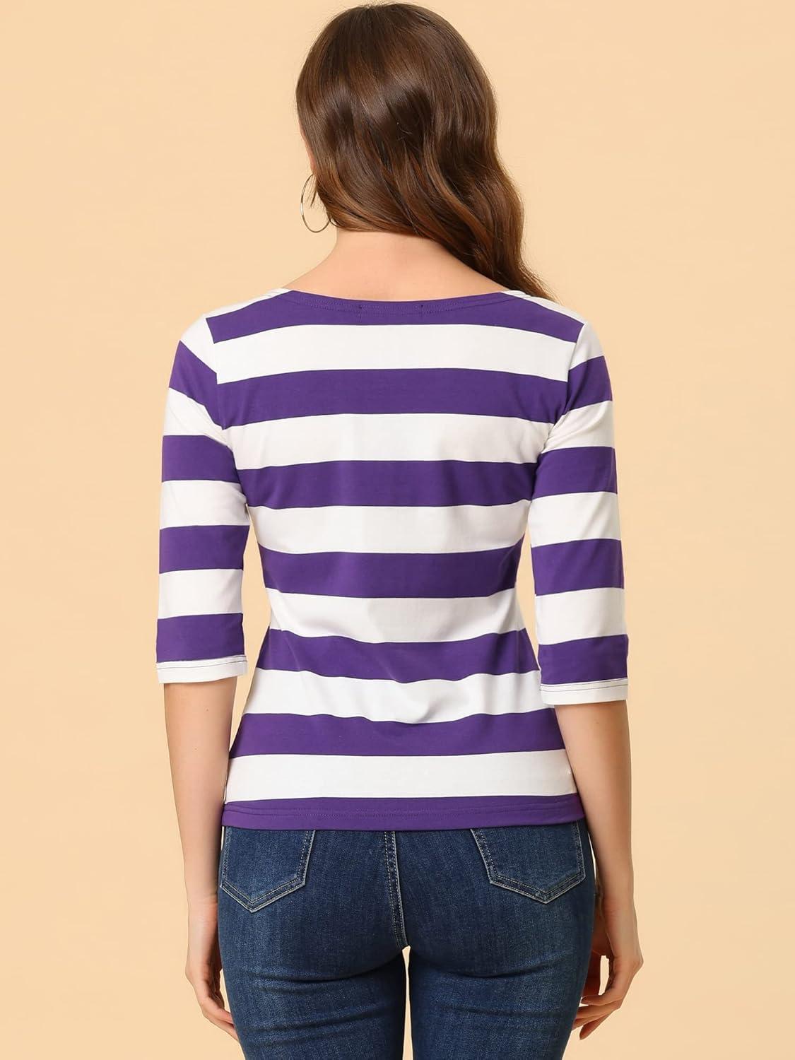 imageAllegra K Womens Striped Top Round Neck Tops Casual Long Sleeve ShirtPurple White