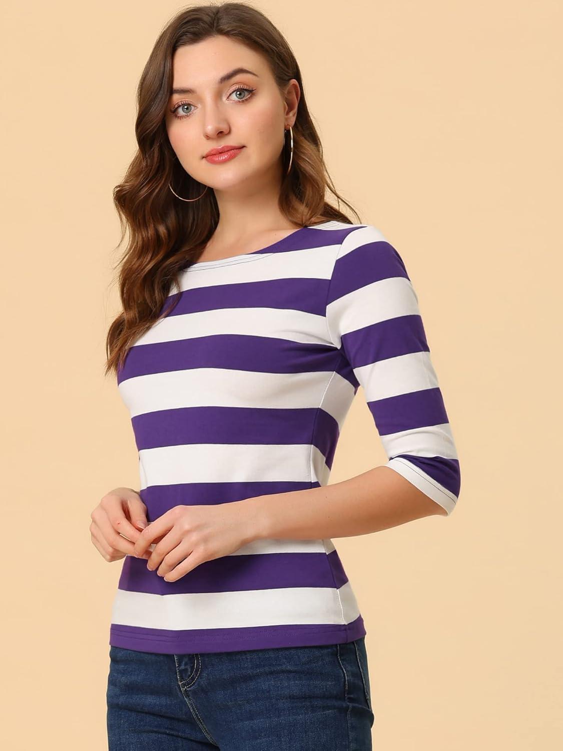 imageAllegra K Womens Striped Top Round Neck Tops Casual Long Sleeve ShirtPurple White