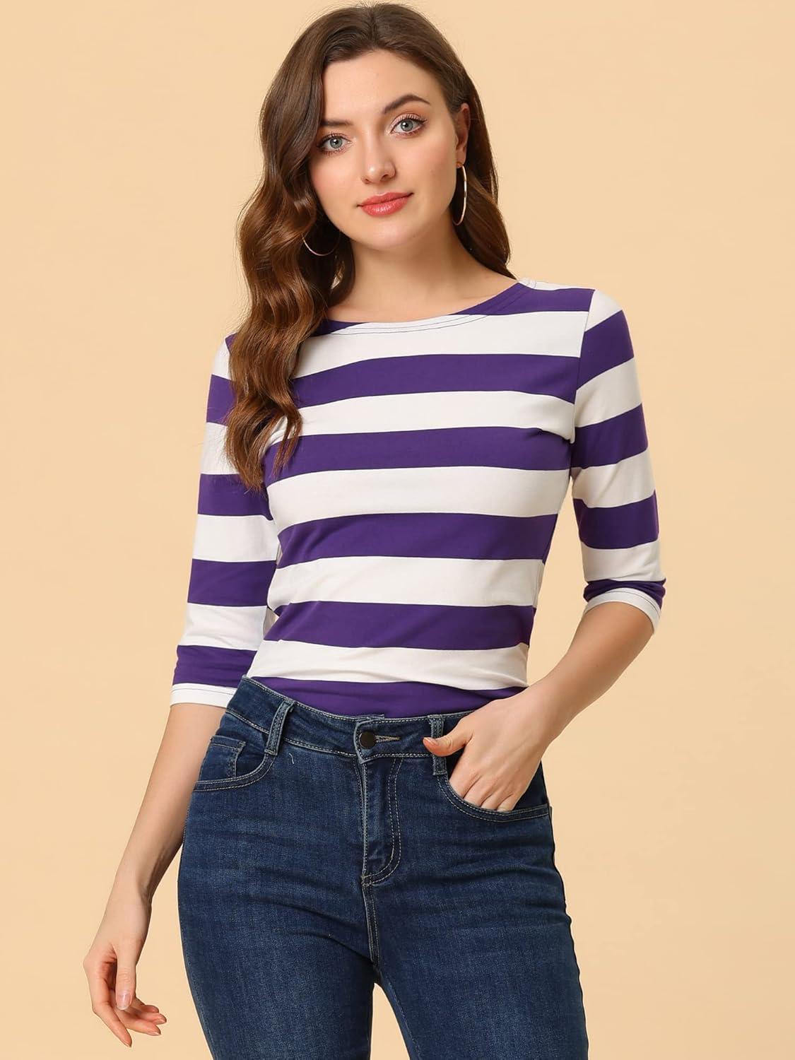 imageAllegra K Womens Striped Top Round Neck Tops Casual Long Sleeve ShirtPurple White