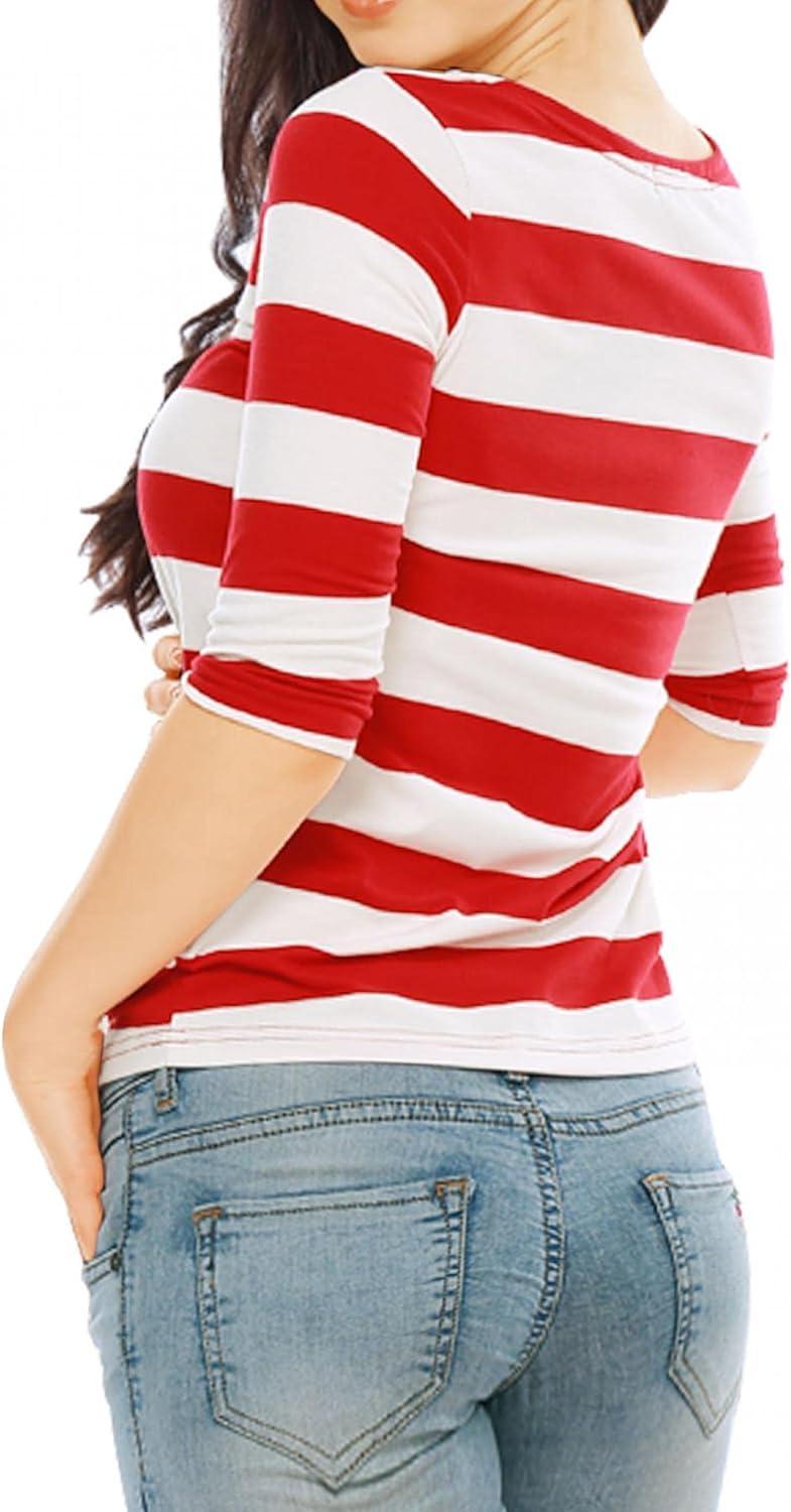 imageAllegra K Womens Striped Top Round Neck Tops Casual Long Sleeve ShirtRed