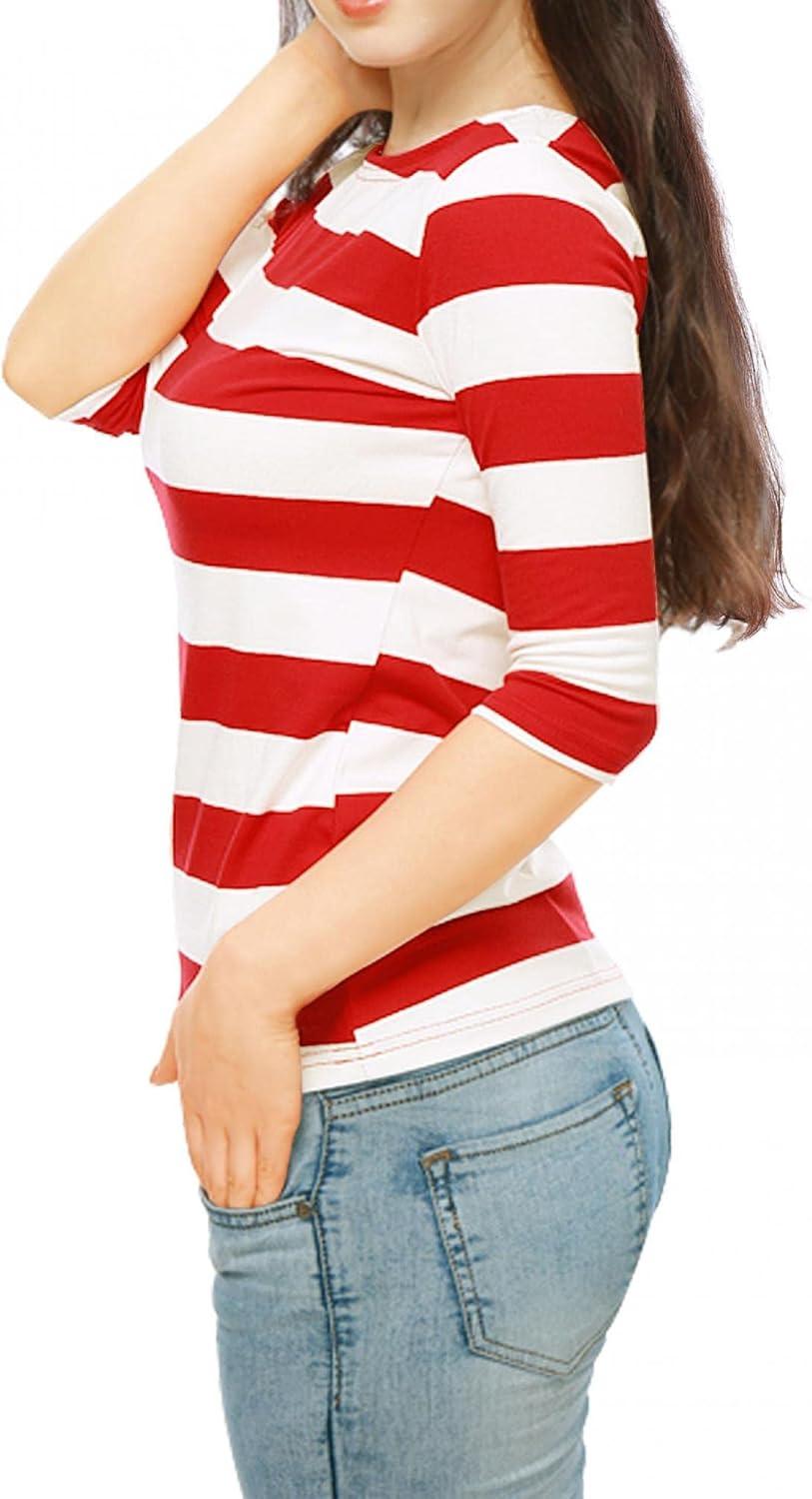 imageAllegra K Womens Striped Top Round Neck Tops Casual Long Sleeve ShirtRed