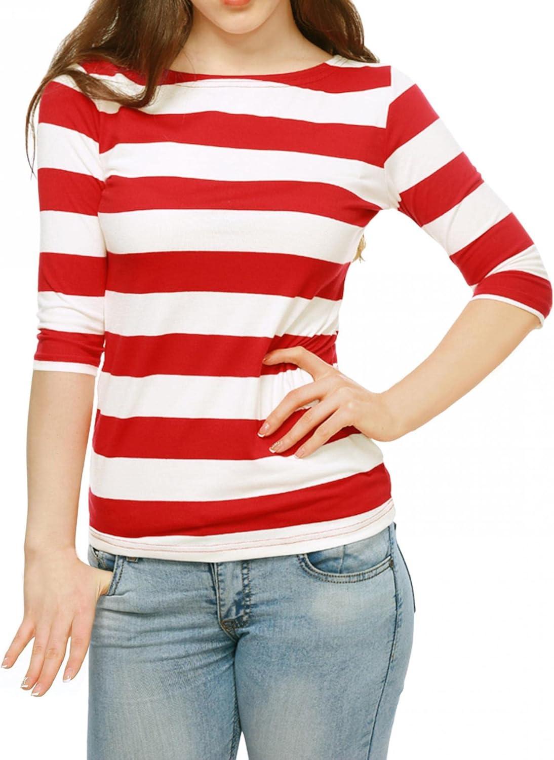 imageAllegra K Womens Striped Top Round Neck Tops Casual Long Sleeve ShirtRed