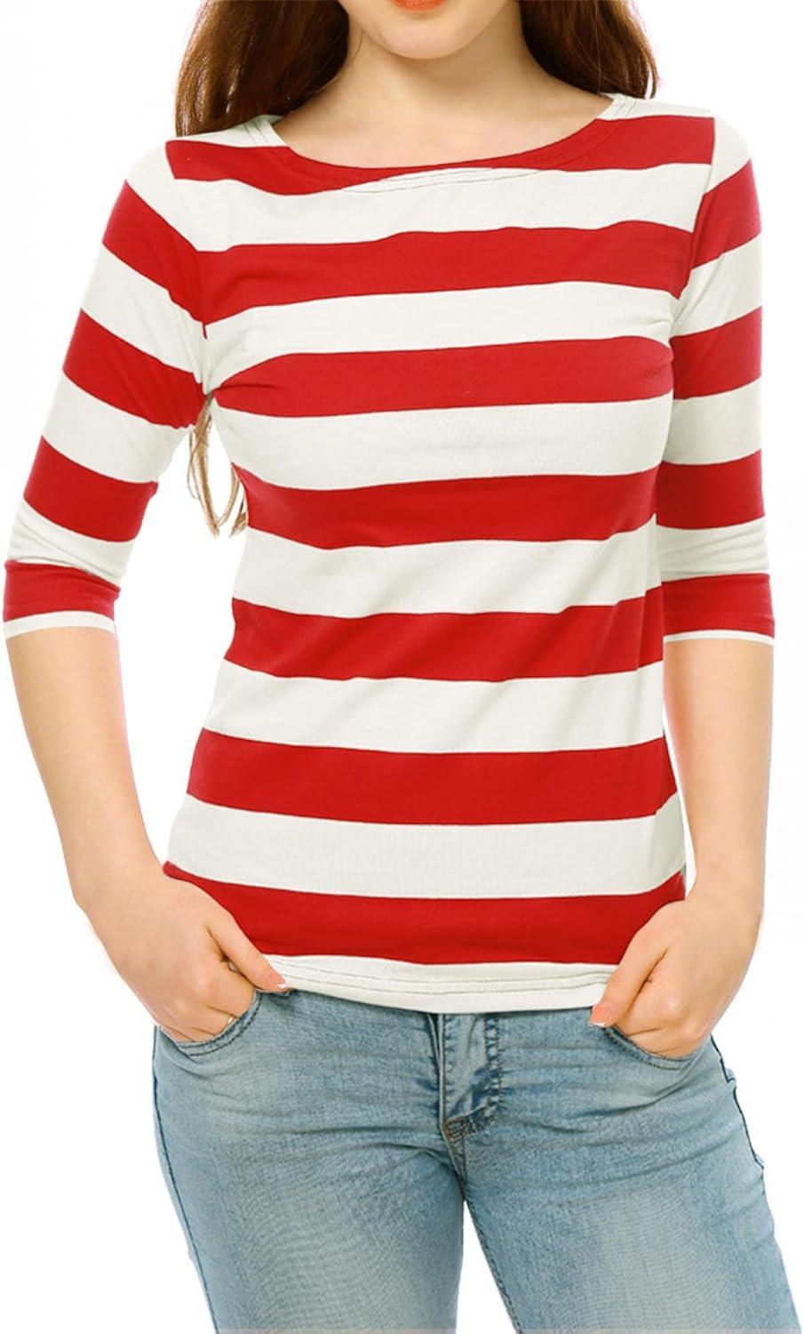 imageAllegra K Womens Striped Top Round Neck Tops Casual Long Sleeve ShirtRed