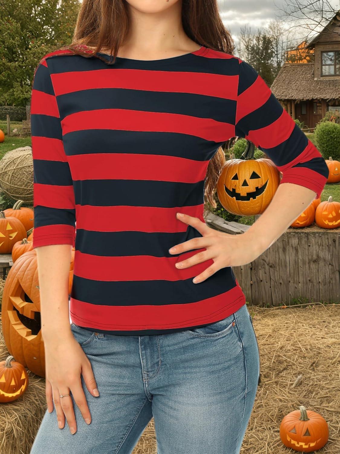 imageAllegra K Womens Striped Top Round Neck Tops Casual Long Sleeve ShirtRed Blue