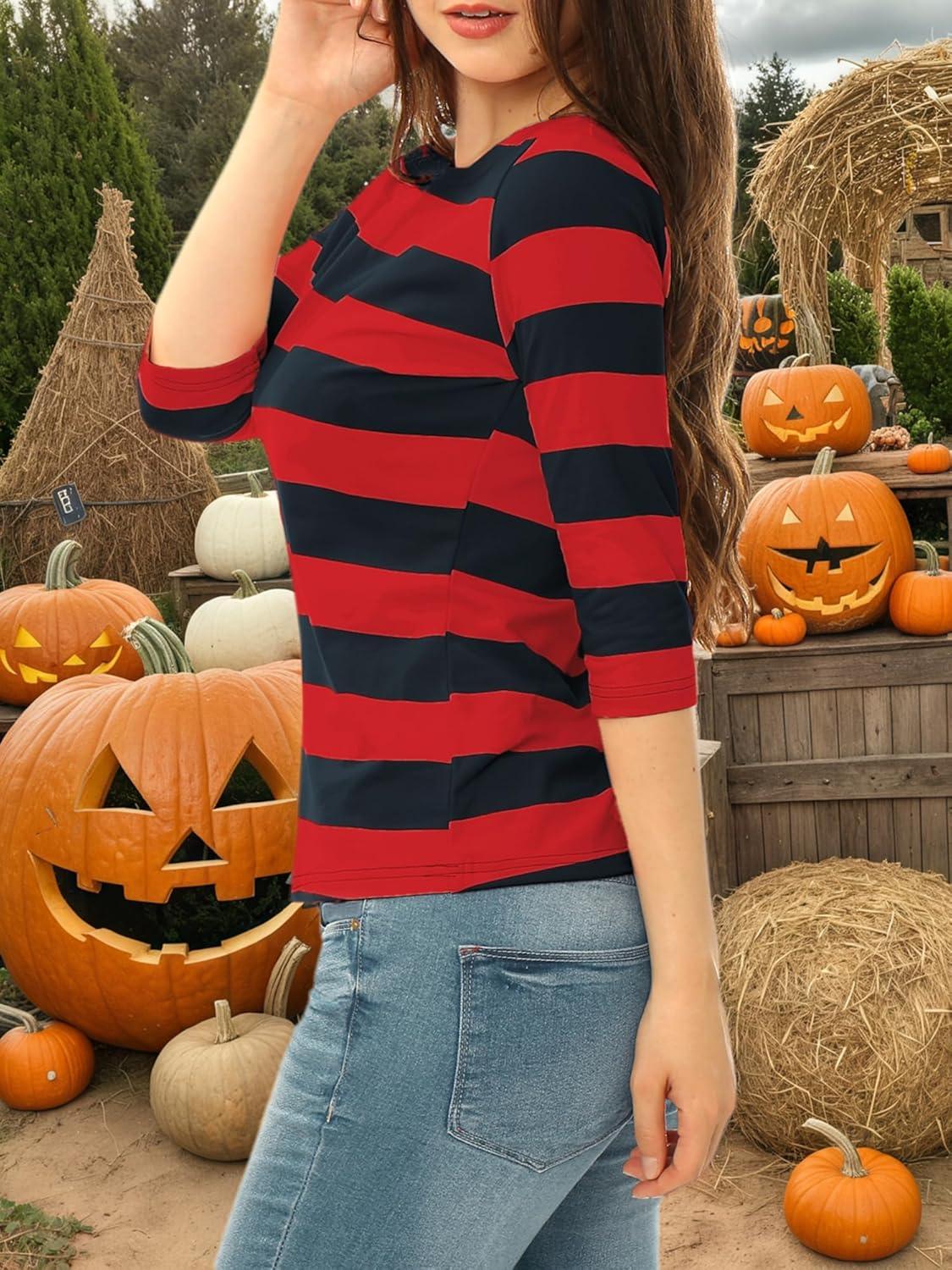 imageAllegra K Womens Striped Top Round Neck Tops Casual Long Sleeve ShirtRed Blue
