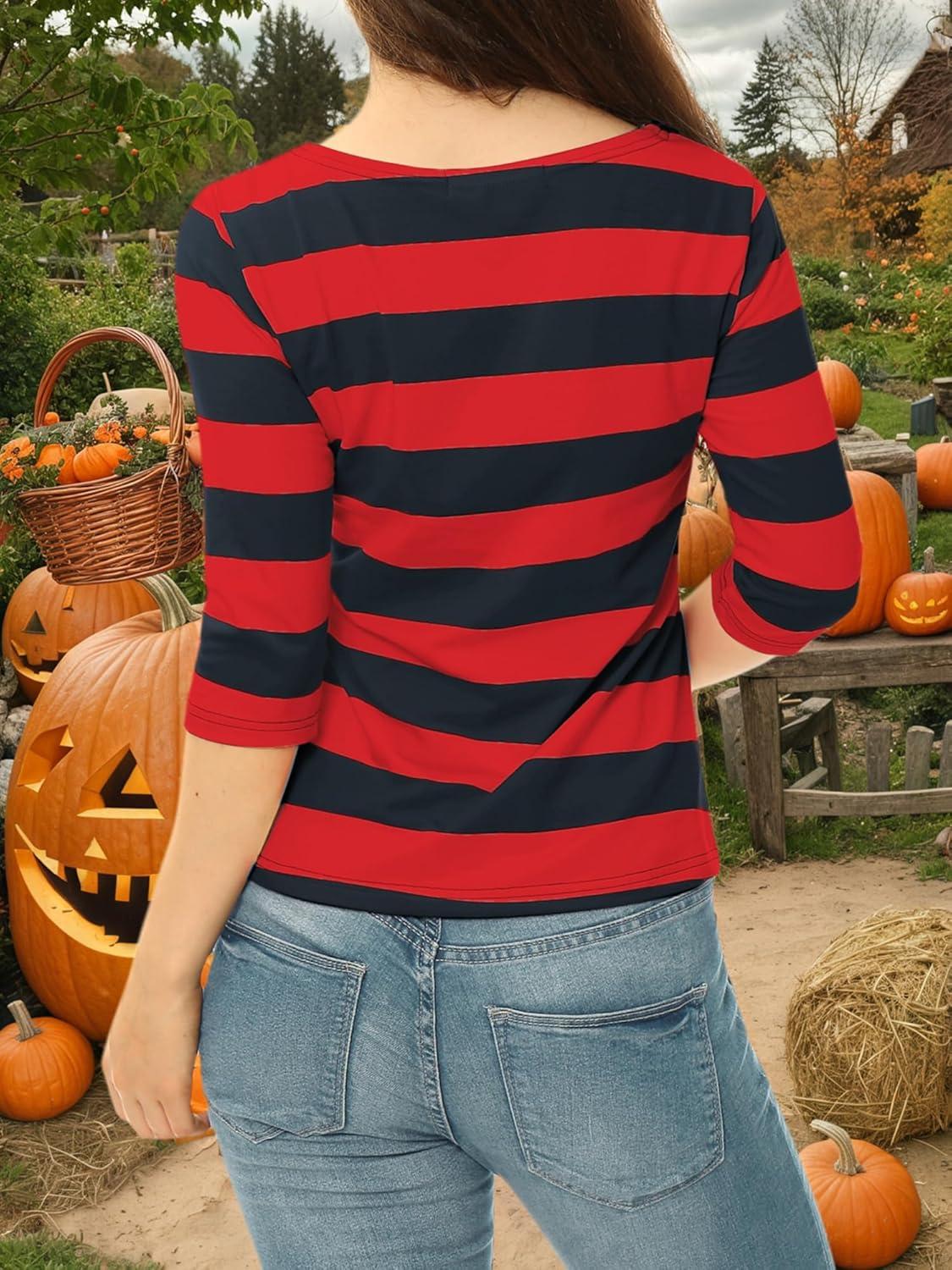imageAllegra K Womens Striped Top Round Neck Tops Casual Long Sleeve ShirtRed Blue
