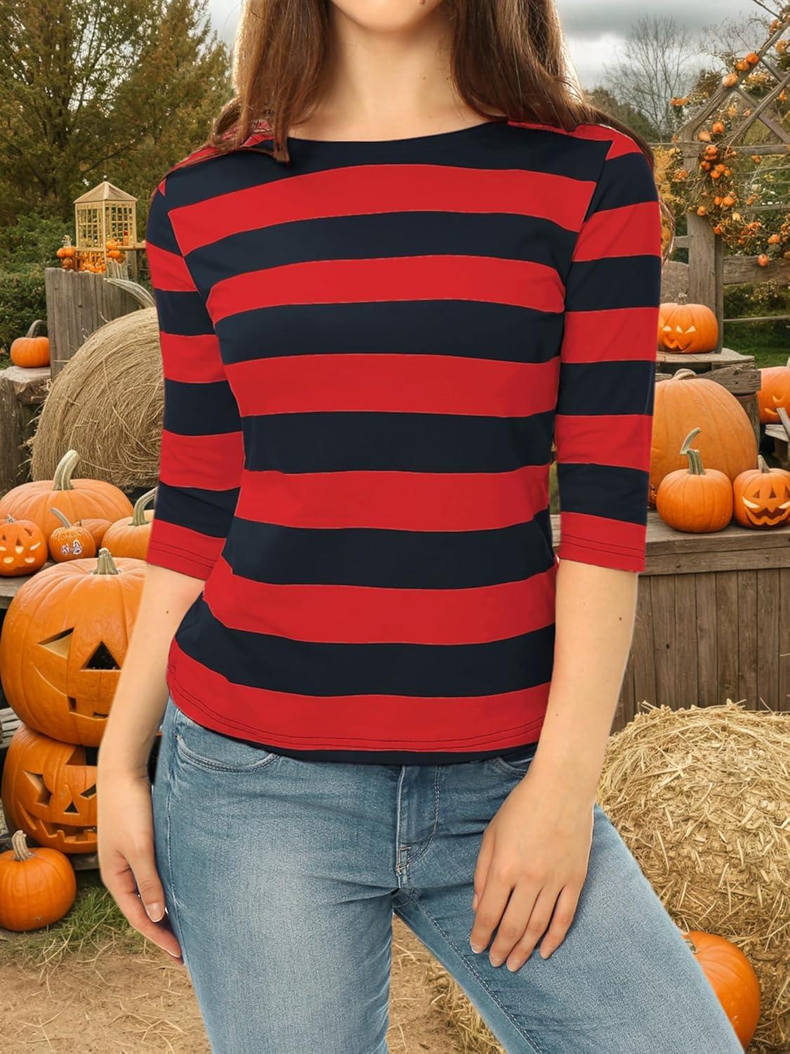 imageAllegra K Womens Striped Top Round Neck Tops Casual Long Sleeve ShirtRed Blue