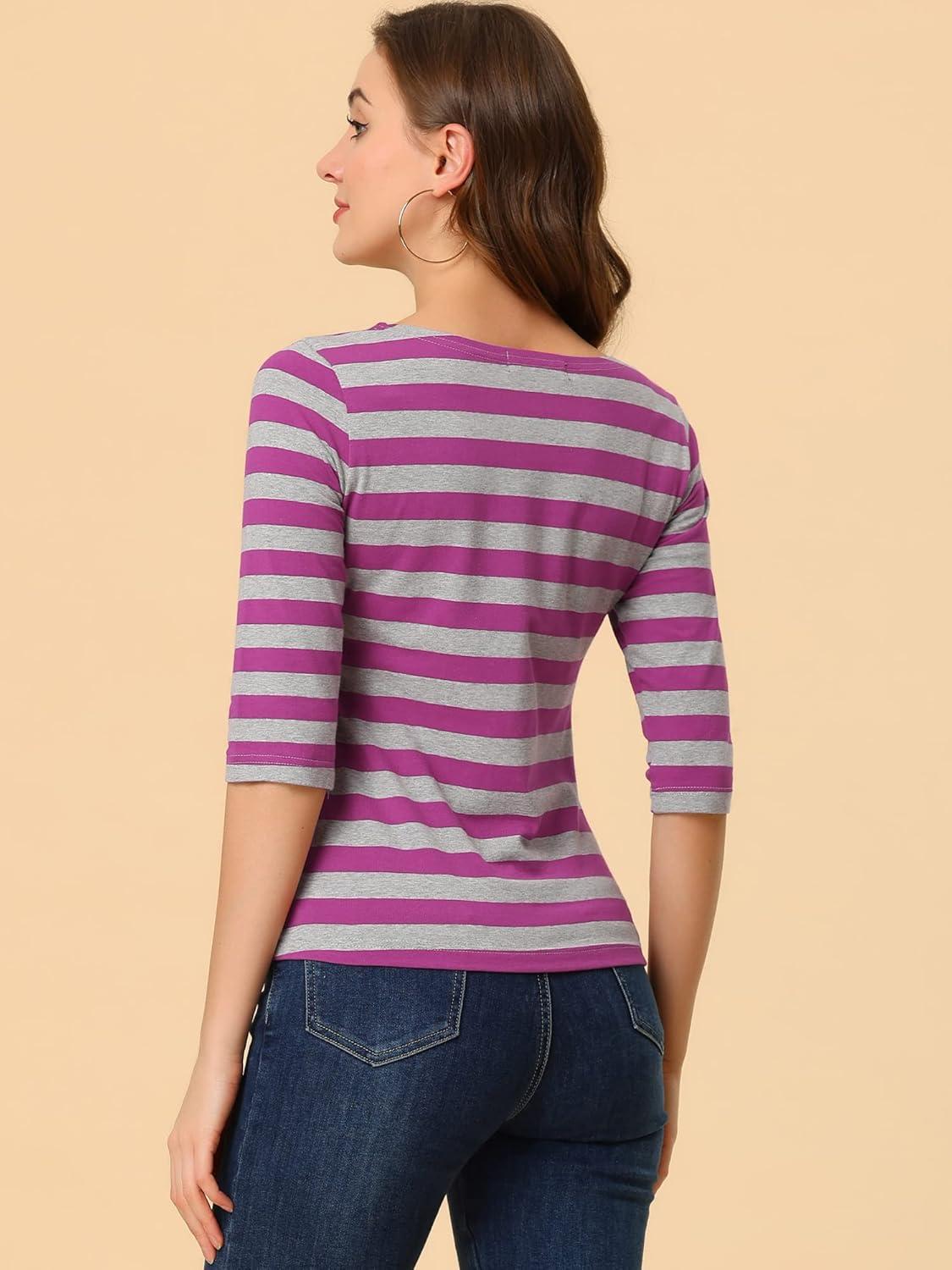 imageAllegra K Womens Striped Top Round Neck Tops Casual Long Sleeve ShirtRose Red