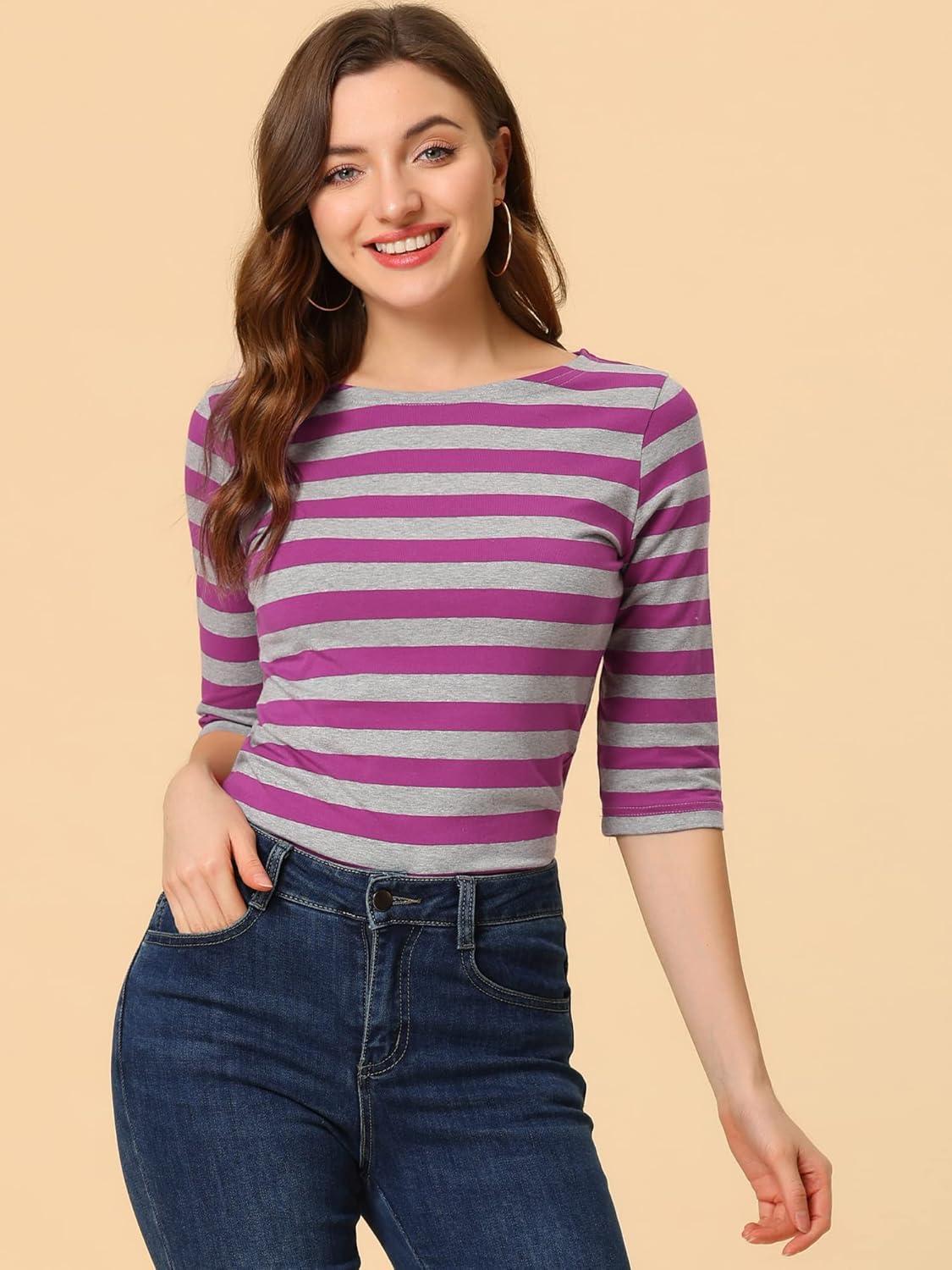 imageAllegra K Womens Striped Top Round Neck Tops Casual Long Sleeve ShirtRose Red