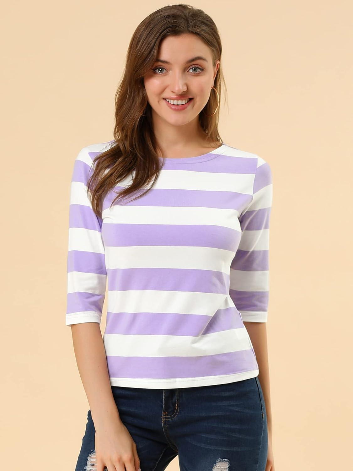 imageAllegra K Womens Striped Top Round Neck Tops Casual Long Sleeve ShirtWhite Purple