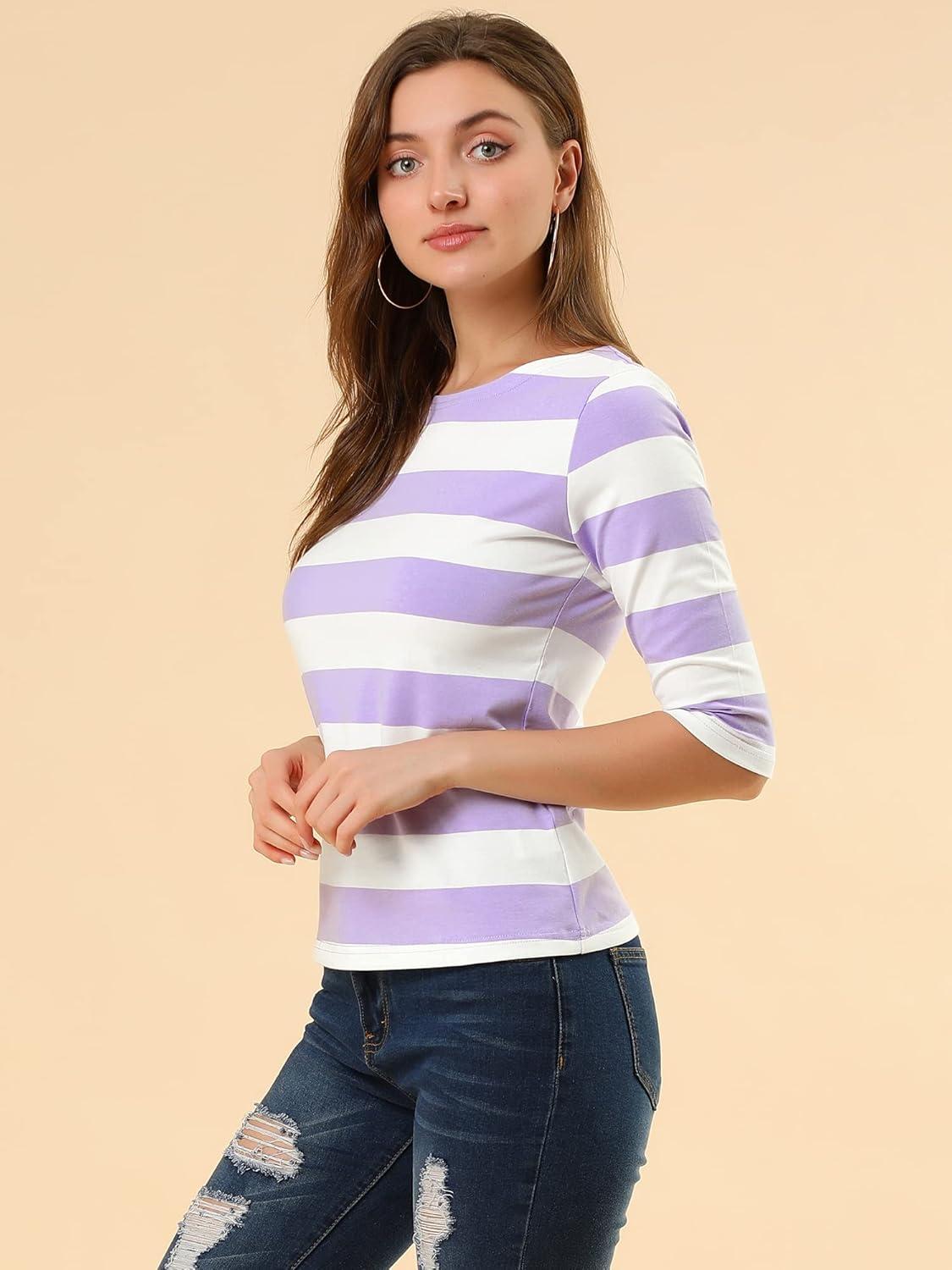 imageAllegra K Womens Striped Top Round Neck Tops Casual Long Sleeve ShirtWhite Purple