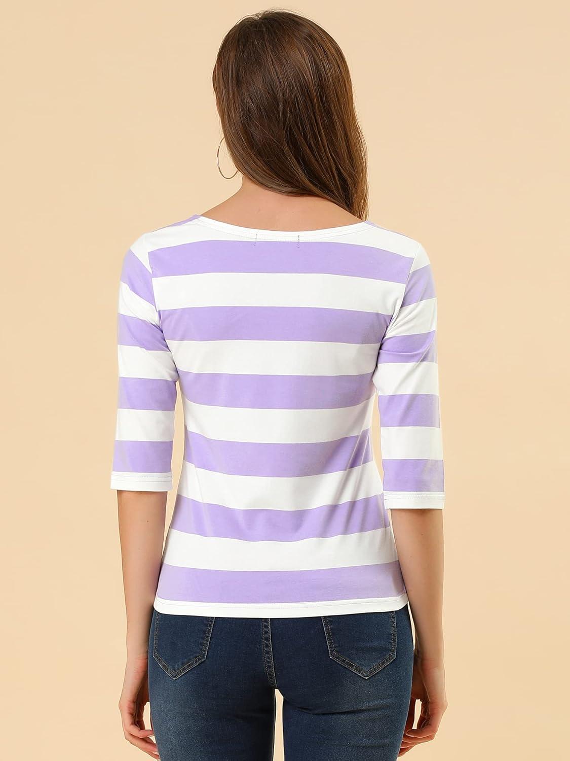 imageAllegra K Womens Striped Top Round Neck Tops Casual Long Sleeve ShirtWhite Purple