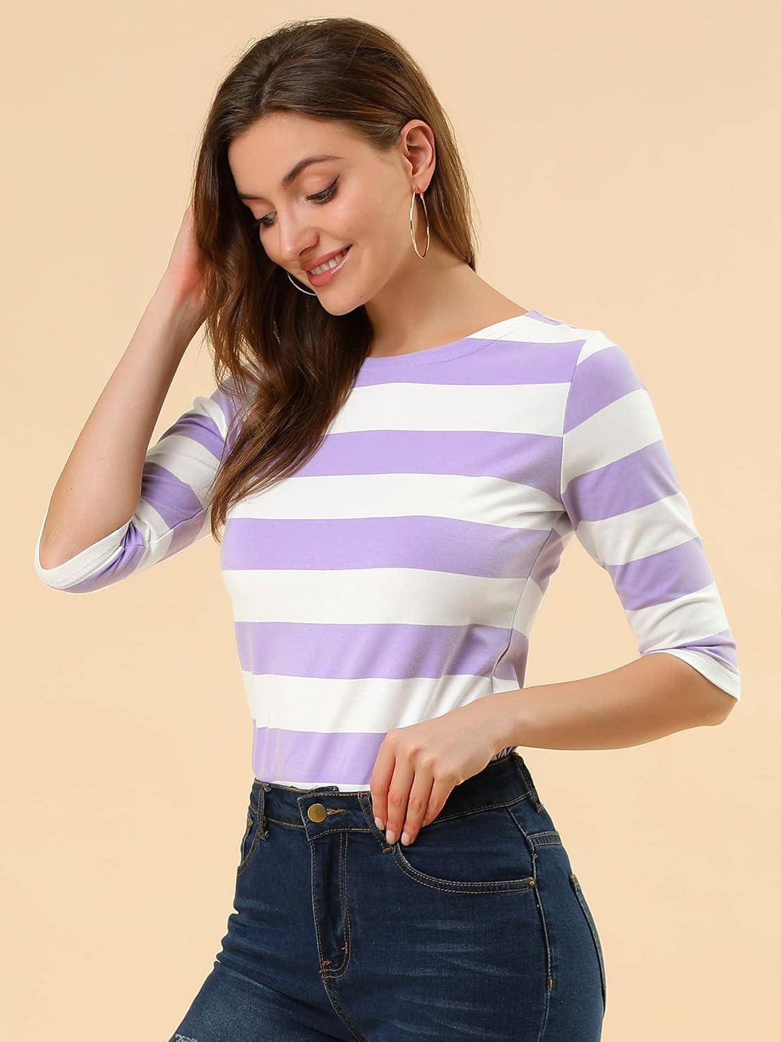 imageAllegra K Womens Striped Top Round Neck Tops Casual Long Sleeve ShirtWhite Purple
