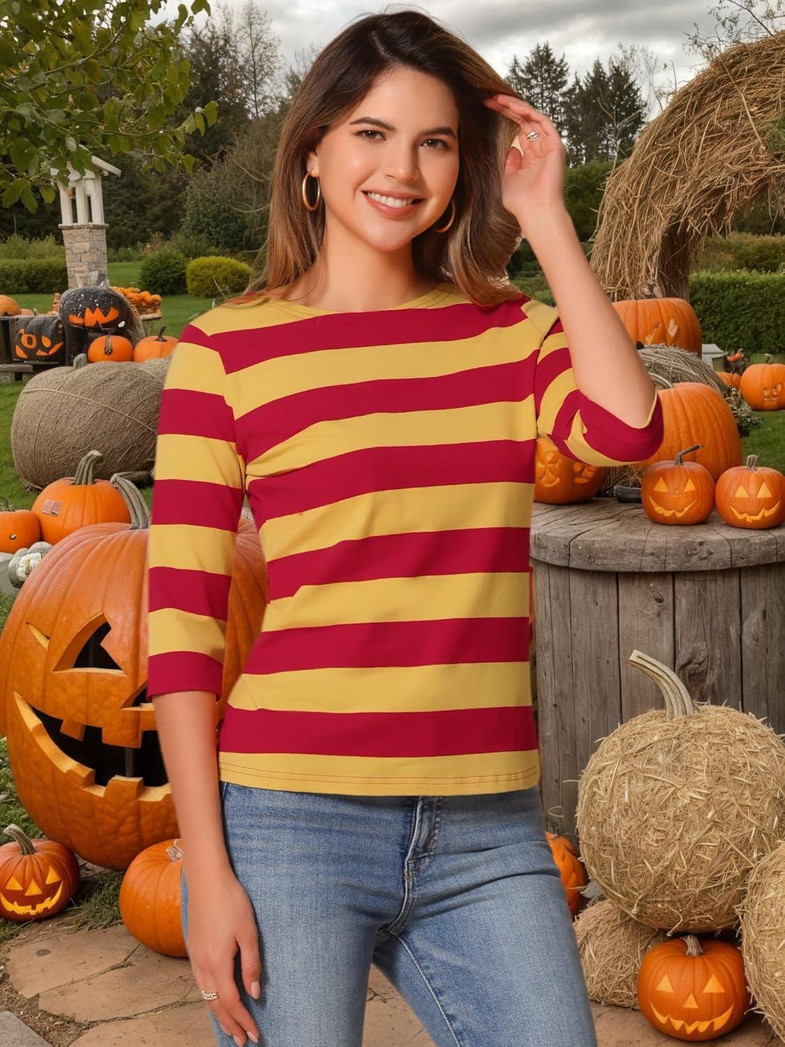 imageAllegra K Womens Striped Top Round Neck Tops Casual Long Sleeve ShirtYellow Red
