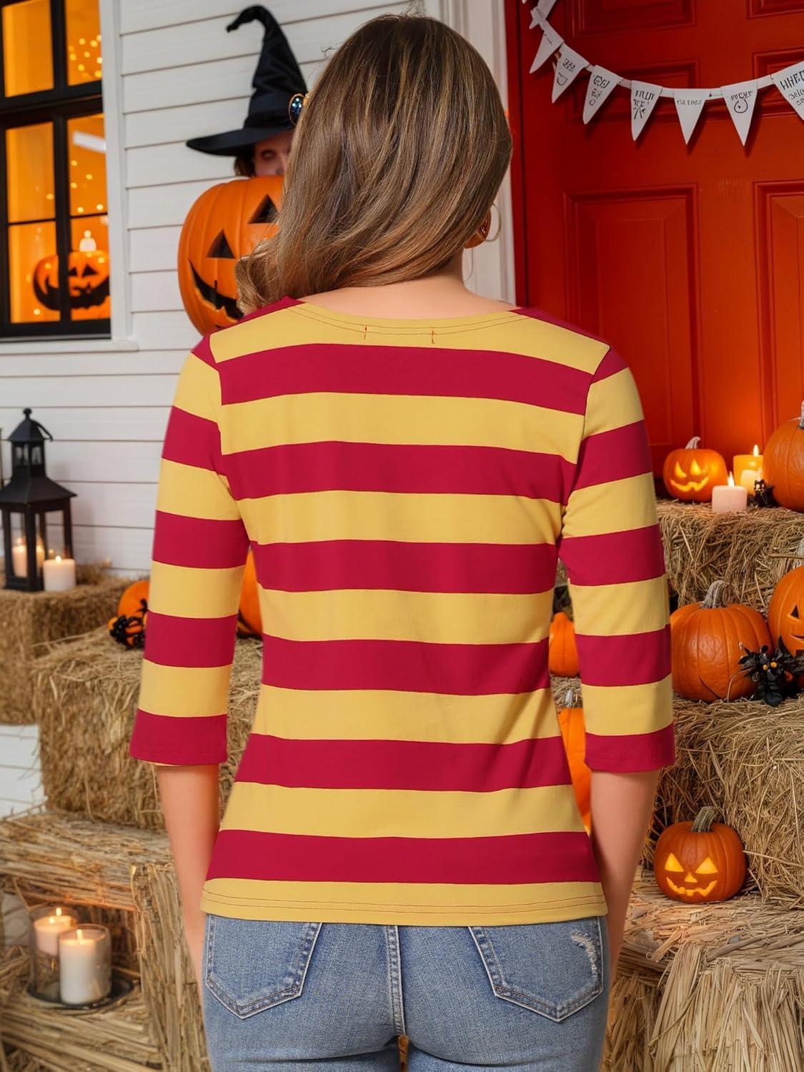 imageAllegra K Womens Striped Top Round Neck Tops Casual Long Sleeve ShirtYellow Red