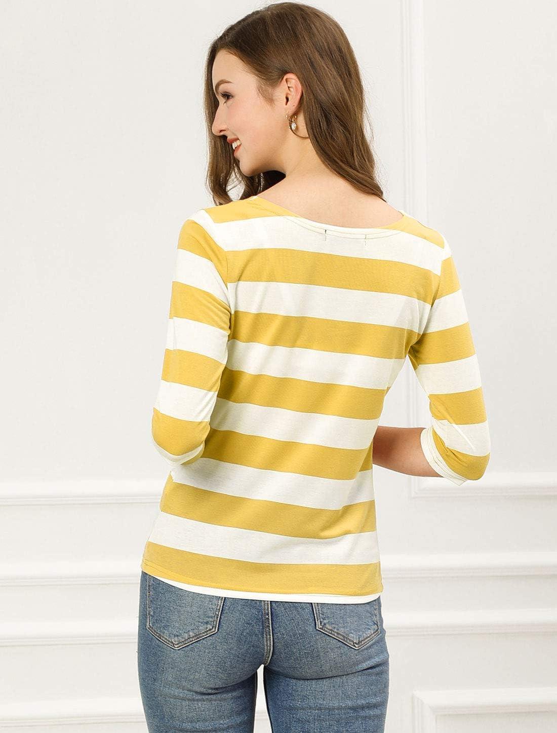 imageAllegra K Womens Striped Top Round Neck Tops Casual Long Sleeve ShirtYellow White