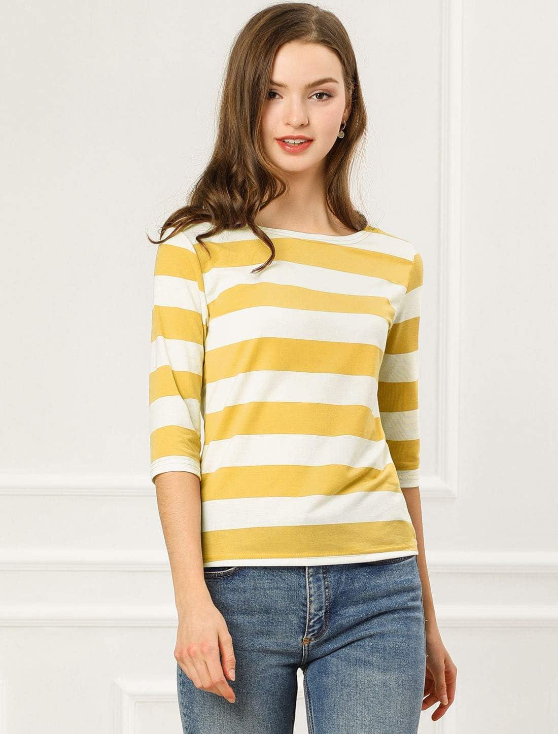 imageAllegra K Womens Striped Top Round Neck Tops Casual Long Sleeve ShirtYellow White