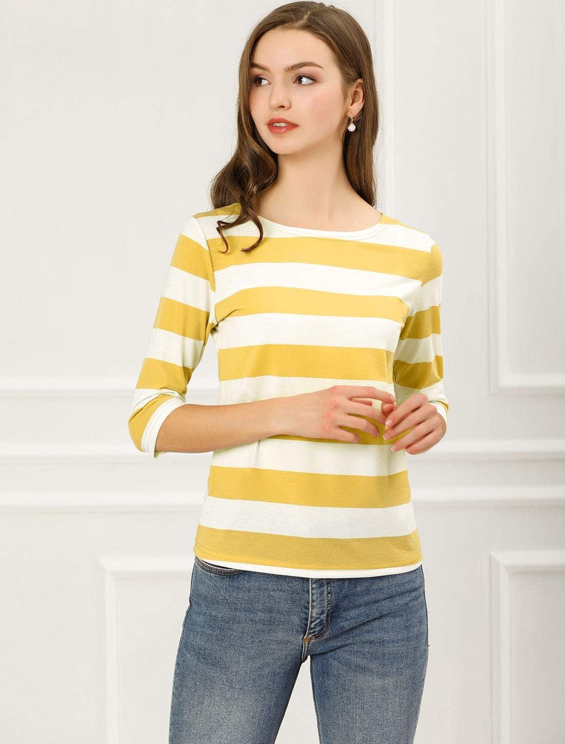 imageAllegra K Womens Striped Top Round Neck Tops Casual Long Sleeve ShirtYellow White