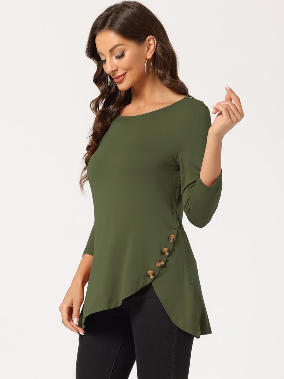 imageAllegra K Womens Tunic Tops Loose Fit Dressy High Low Round Neck 2025 Fall 34 Sleeve Long ShirtArmy Green