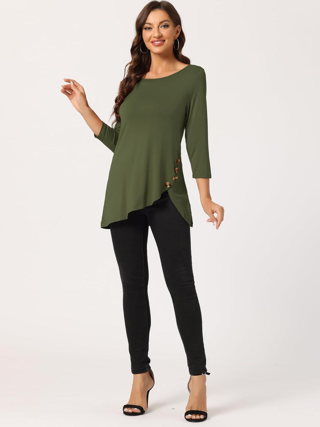 imageAllegra K Womens Tunic Tops Loose Fit Dressy High Low Round Neck 2025 Fall 34 Sleeve Long ShirtArmy Green