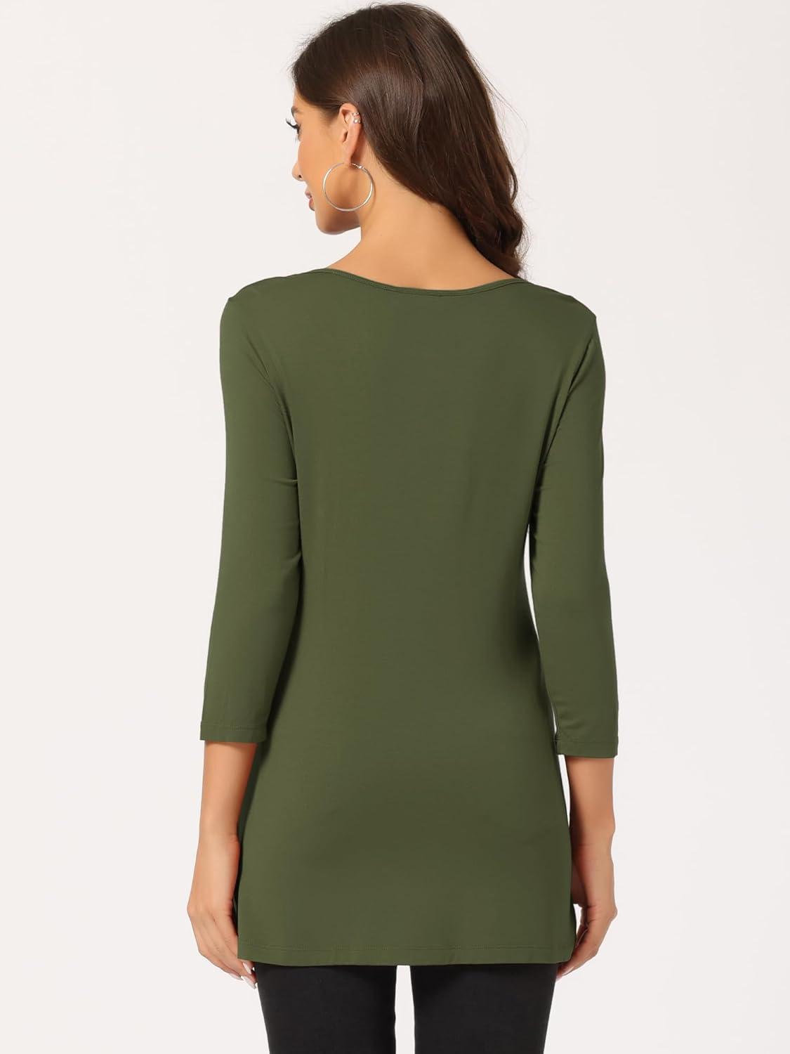 imageAllegra K Womens Tunic Tops Loose Fit Dressy High Low Round Neck 2025 Fall 34 Sleeve Long ShirtArmy Green