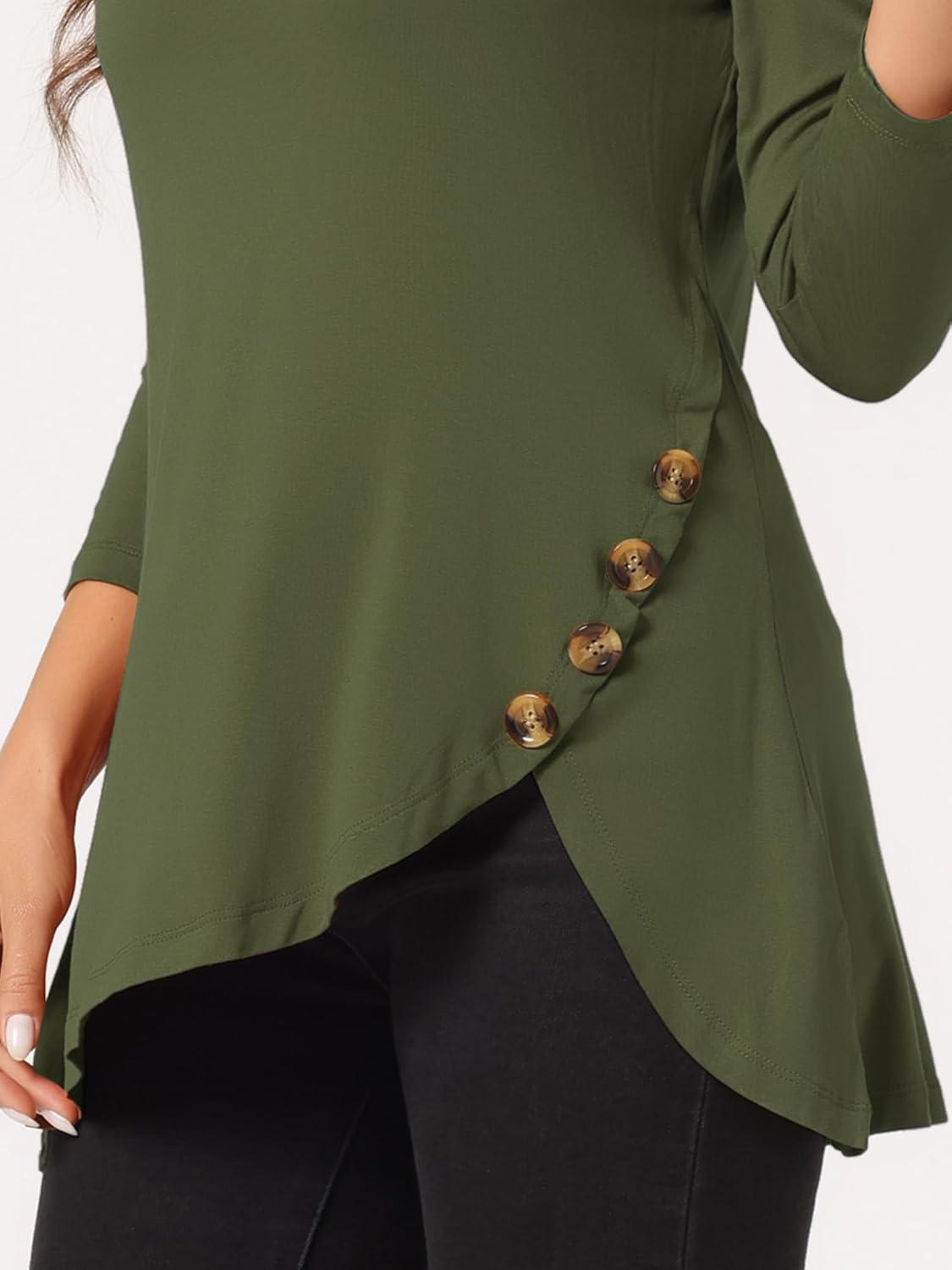 imageAllegra K Womens Tunic Tops Loose Fit Dressy High Low Round Neck 2025 Fall 34 Sleeve Long ShirtArmy Green