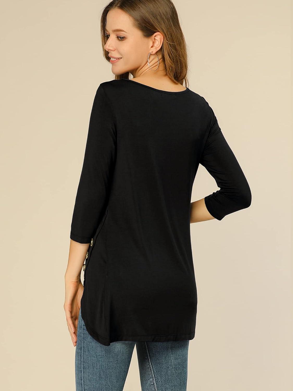 imageAllegra K Womens Tunic Tops Loose Fit Dressy High Low Round Neck 2025 Fall 34 Sleeve Long ShirtBlack