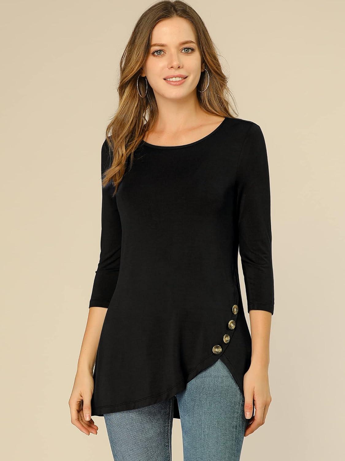 imageAllegra K Womens Tunic Tops Loose Fit Dressy High Low Round Neck 2025 Fall 34 Sleeve Long ShirtBlack