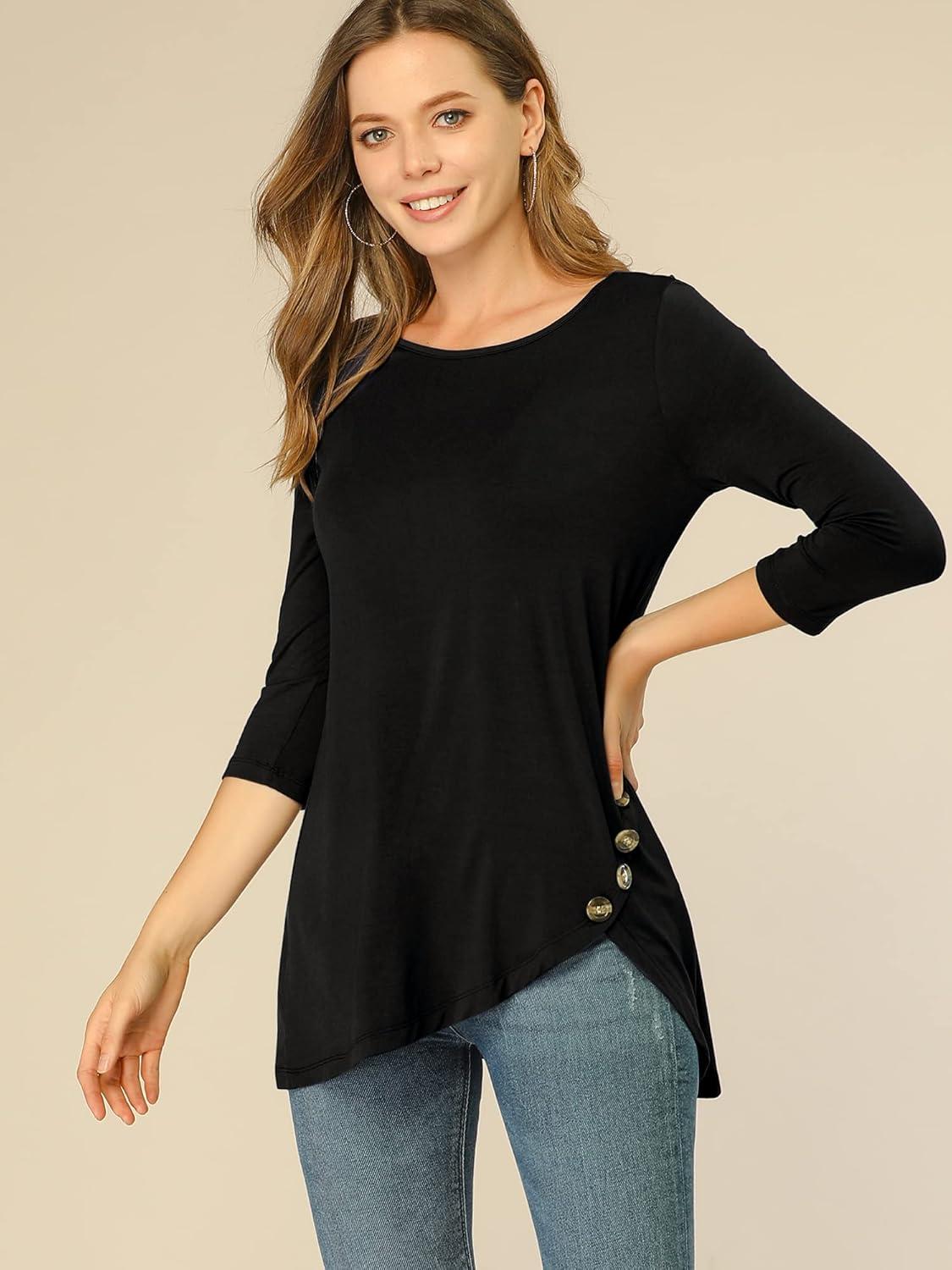 imageAllegra K Womens Tunic Tops Loose Fit Dressy High Low Round Neck 2025 Fall 34 Sleeve Long ShirtBlack