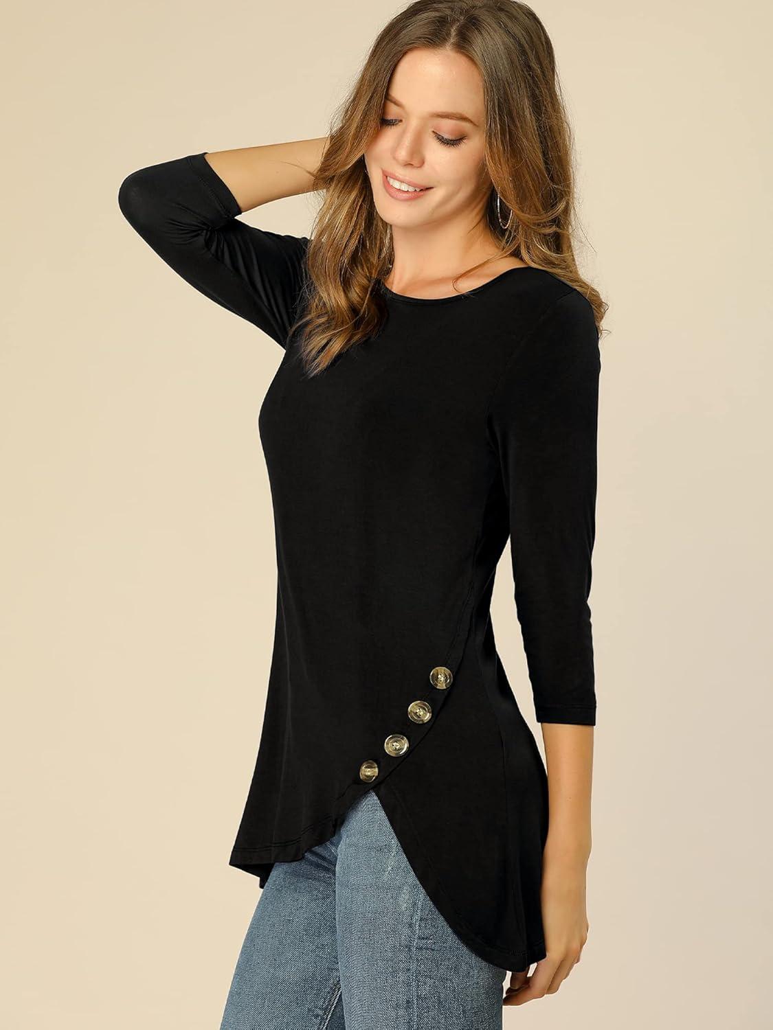 imageAllegra K Womens Tunic Tops Loose Fit Dressy High Low Round Neck 2025 Fall 34 Sleeve Long ShirtBlack