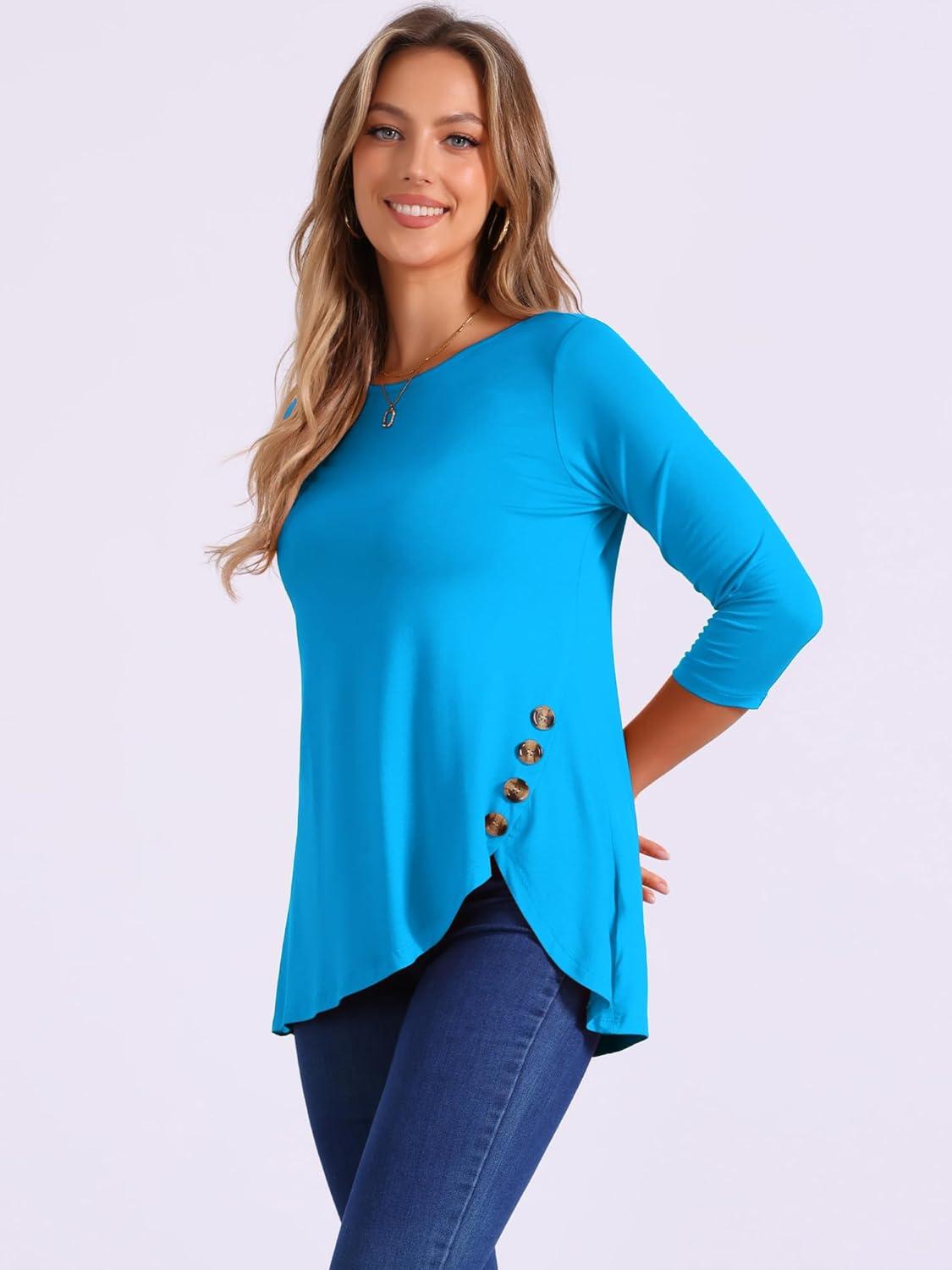 imageAllegra K Womens Tunic Tops Loose Fit Dressy High Low Round Neck 2025 Fall 34 Sleeve Long ShirtBlue