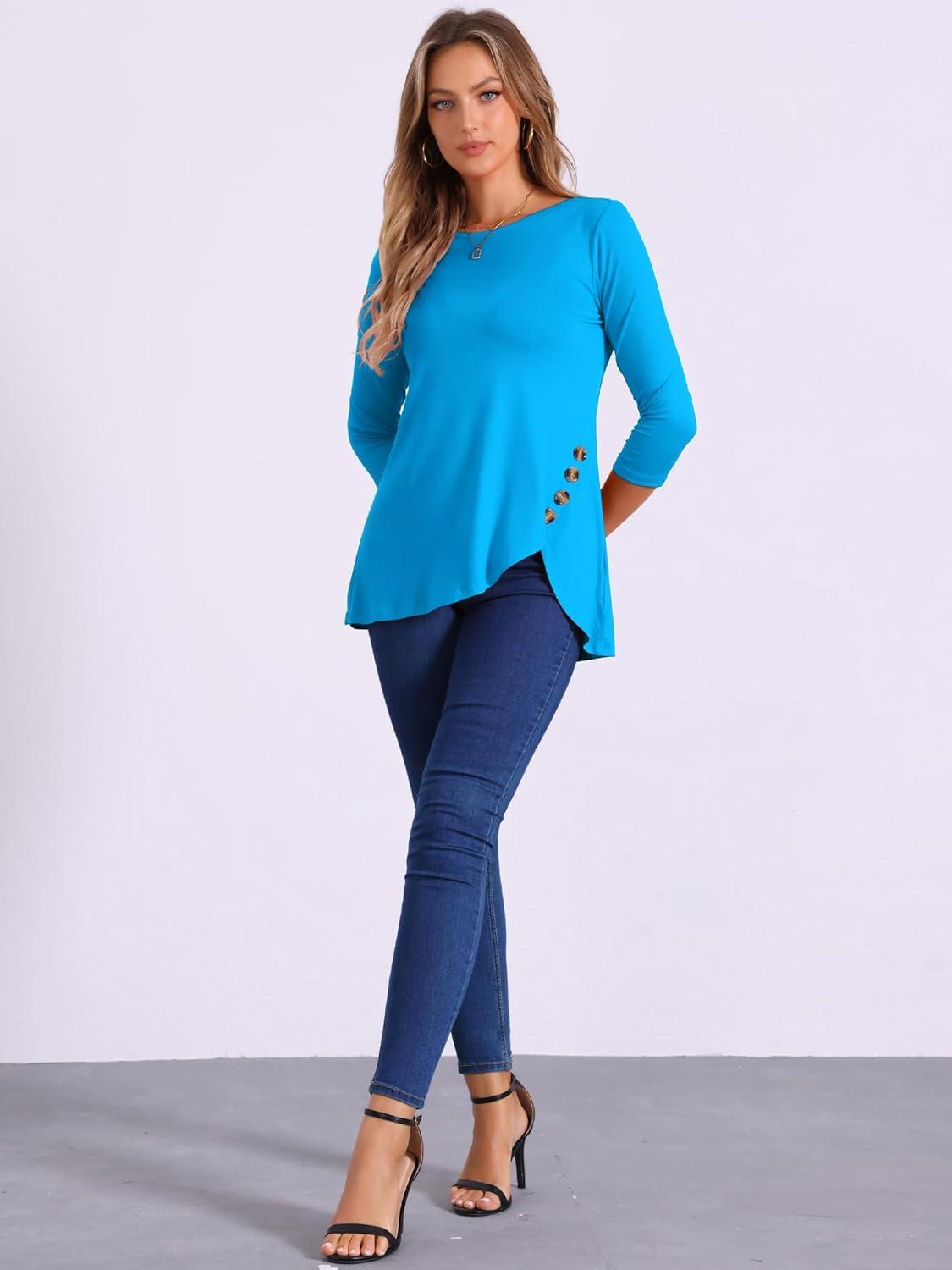 imageAllegra K Womens Tunic Tops Loose Fit Dressy High Low Round Neck 2025 Fall 34 Sleeve Long ShirtBlue