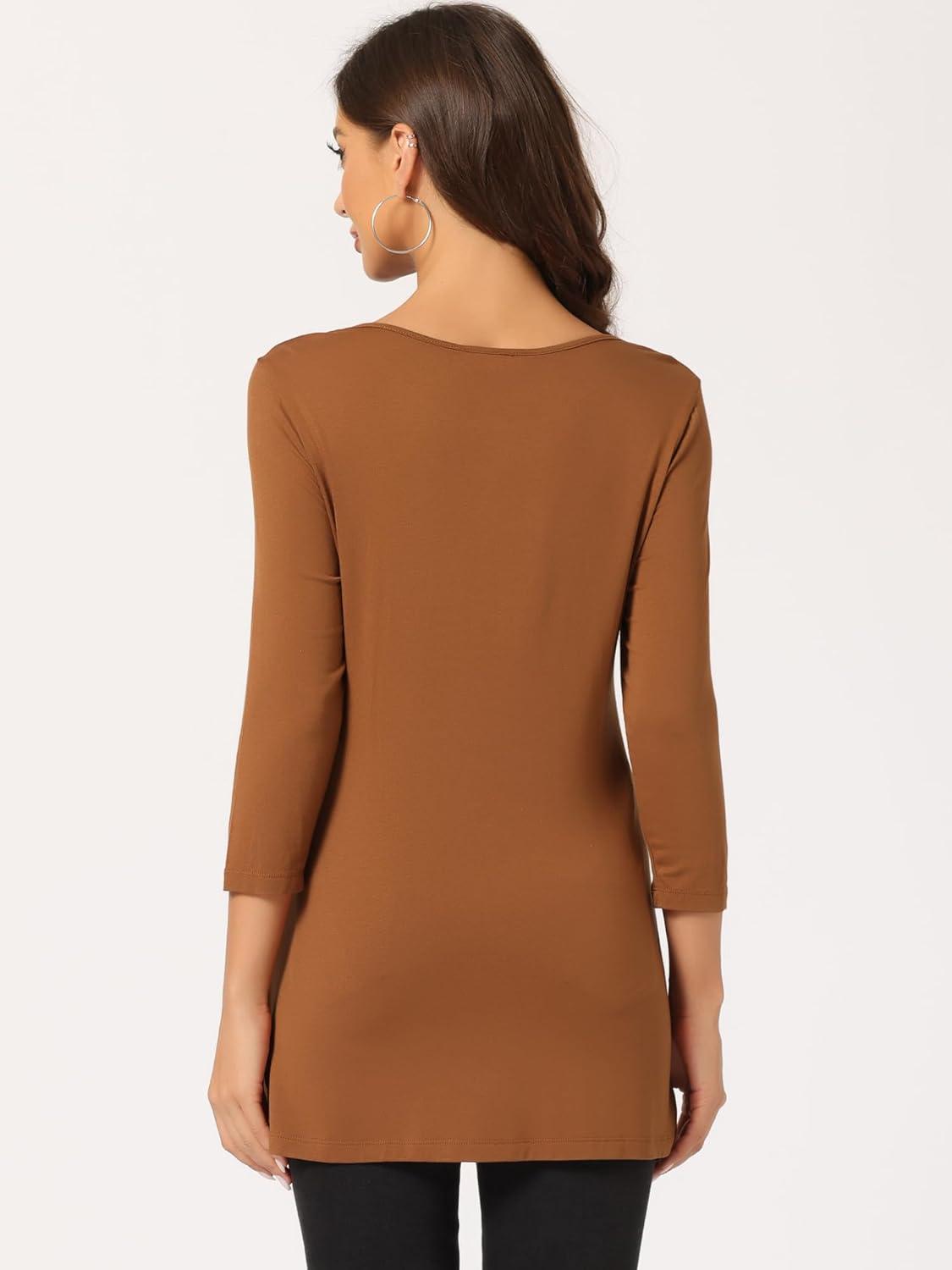 imageAllegra K Womens Tunic Tops Loose Fit Dressy High Low Round Neck 2025 Fall 34 Sleeve Long ShirtBrown