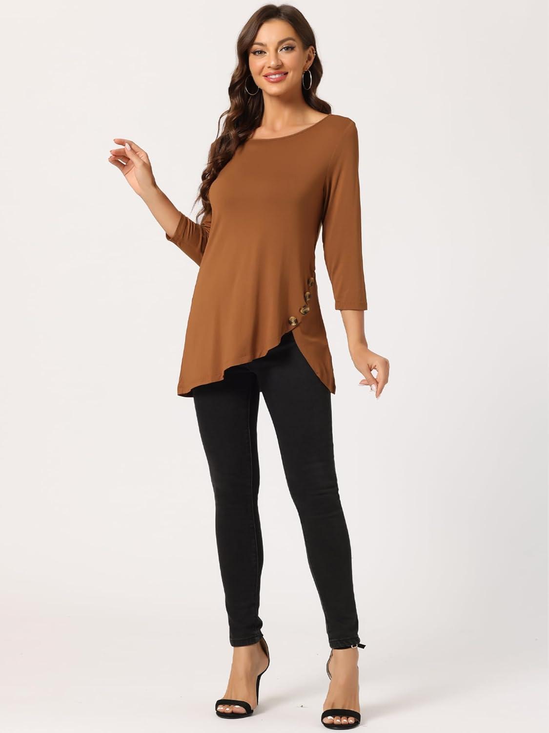 imageAllegra K Womens Tunic Tops Loose Fit Dressy High Low Round Neck 2025 Fall 34 Sleeve Long ShirtBrown