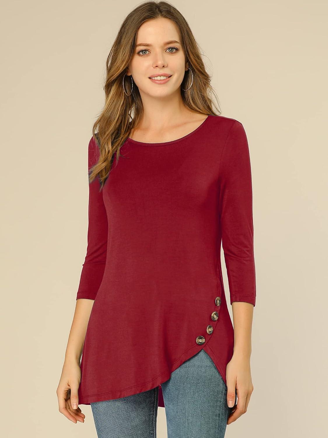 imageAllegra K Womens Tunic Tops Loose Fit Dressy High Low Round Neck 2025 Fall 34 Sleeve Long ShirtBurgundy