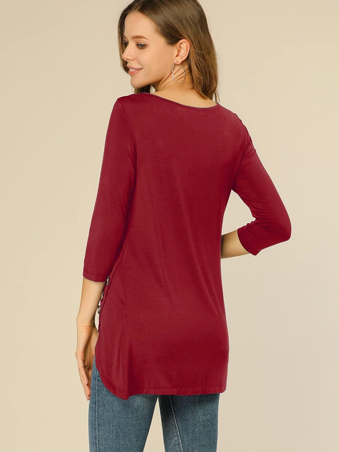 imageAllegra K Womens Tunic Tops Loose Fit Dressy High Low Round Neck 2025 Fall 34 Sleeve Long ShirtBurgundy