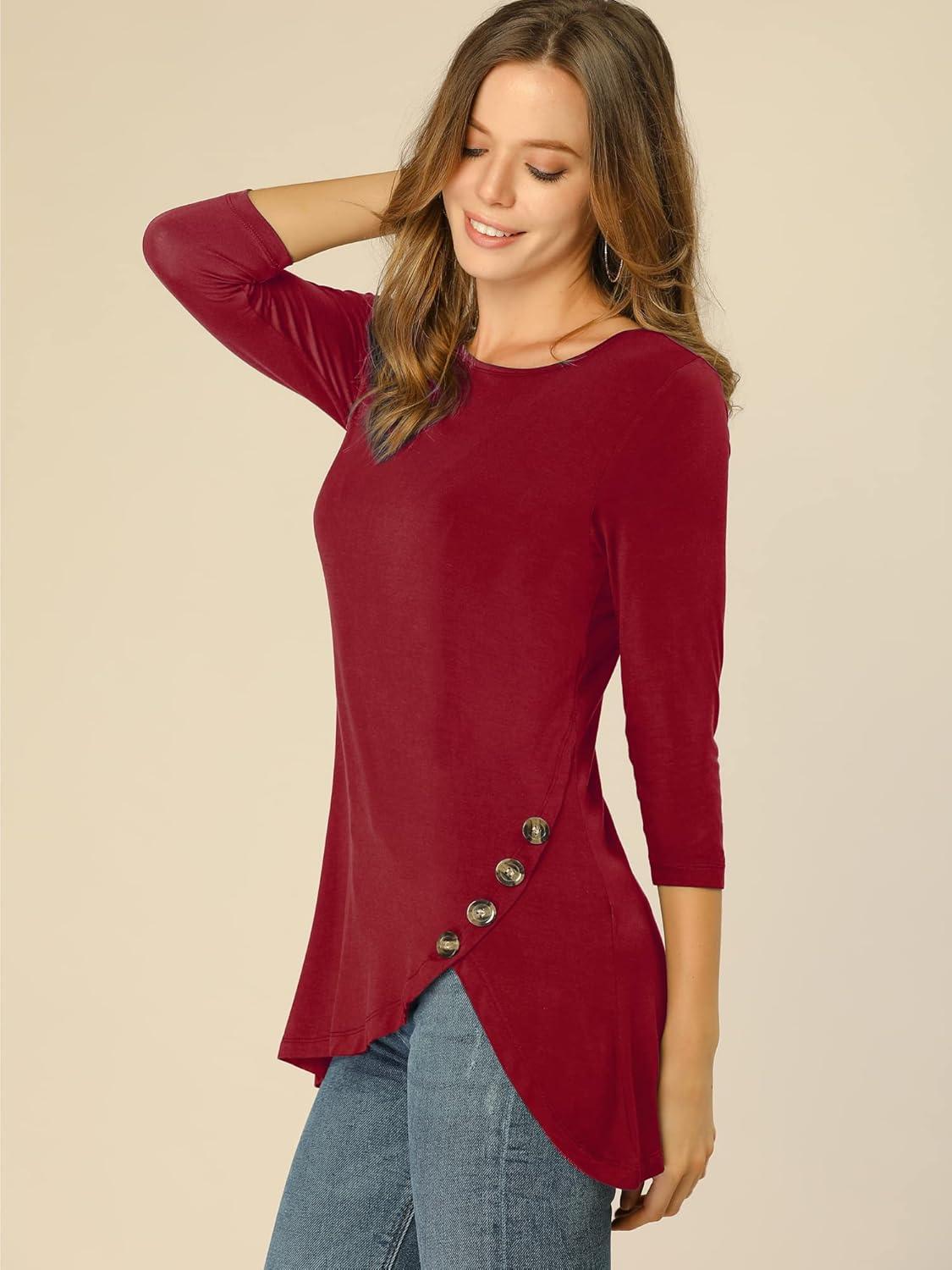 imageAllegra K Womens Tunic Tops Loose Fit Dressy High Low Round Neck 2025 Fall 34 Sleeve Long ShirtBurgundy