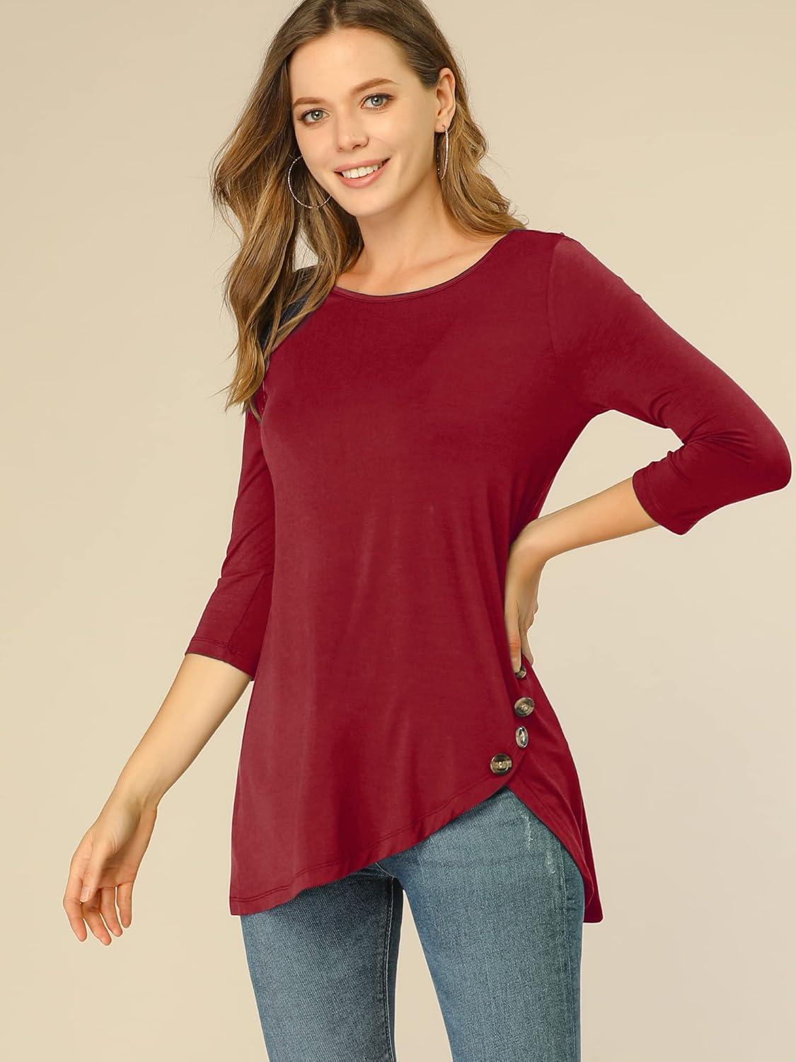 imageAllegra K Womens Tunic Tops Loose Fit Dressy High Low Round Neck 2025 Fall 34 Sleeve Long ShirtBurgundy