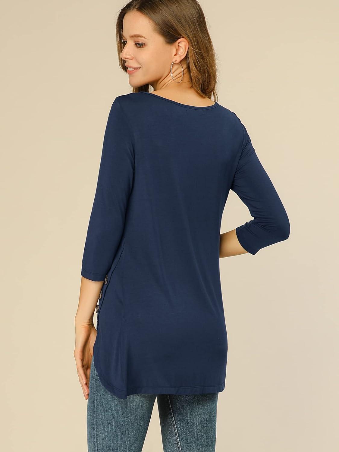 imageAllegra K Womens Tunic Tops Loose Fit Dressy High Low Round Neck 2025 Fall 34 Sleeve Long ShirtDark Blue
