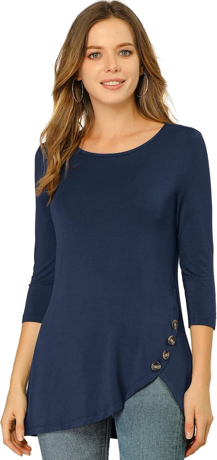 imageAllegra K Womens Tunic Tops Loose Fit Dressy High Low Round Neck 2025 Fall 34 Sleeve Long ShirtDark Blue
