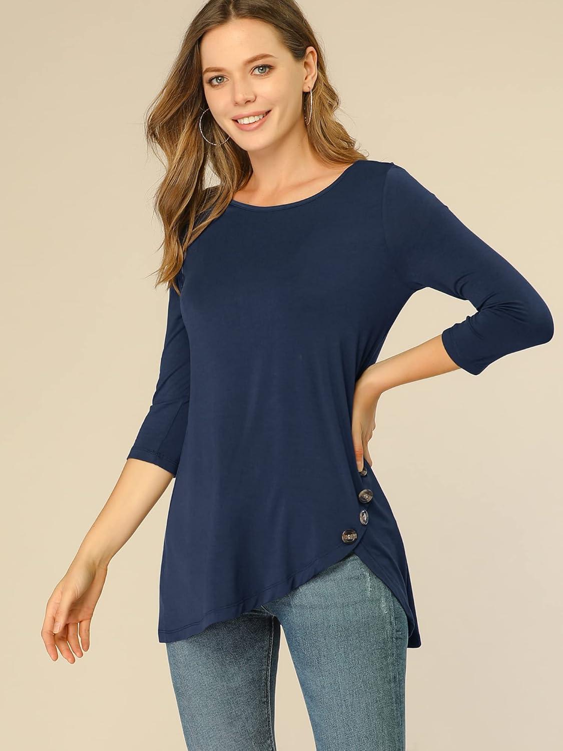 imageAllegra K Womens Tunic Tops Loose Fit Dressy High Low Round Neck 2025 Fall 34 Sleeve Long ShirtDark Blue