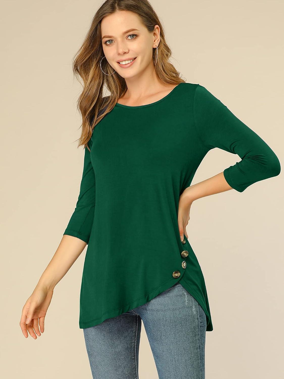 imageAllegra K Womens Tunic Tops Loose Fit Dressy High Low Round Neck 2025 Fall 34 Sleeve Long ShirtDark Green