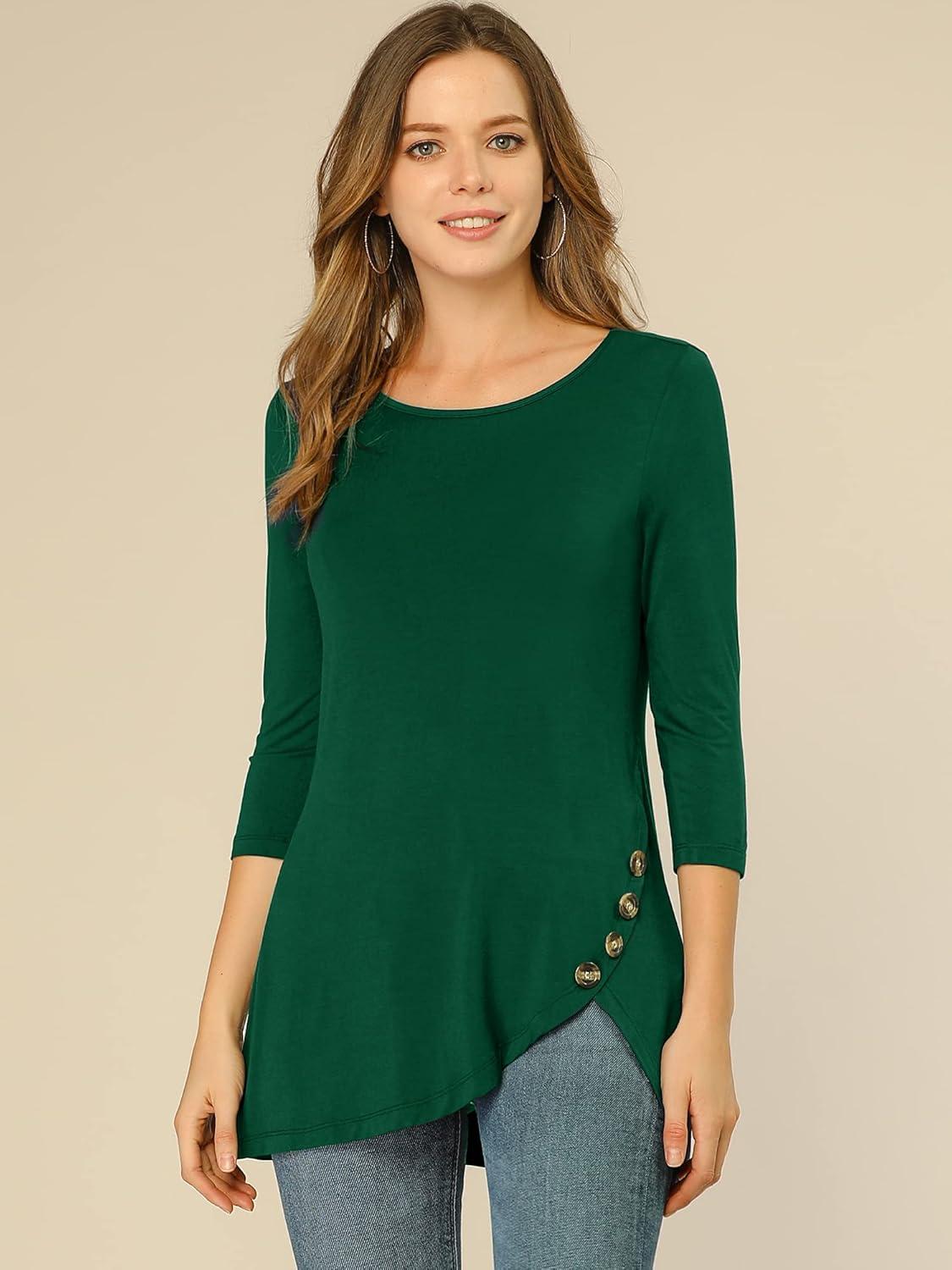 imageAllegra K Womens Tunic Tops Loose Fit Dressy High Low Round Neck 2025 Fall 34 Sleeve Long ShirtDark Green