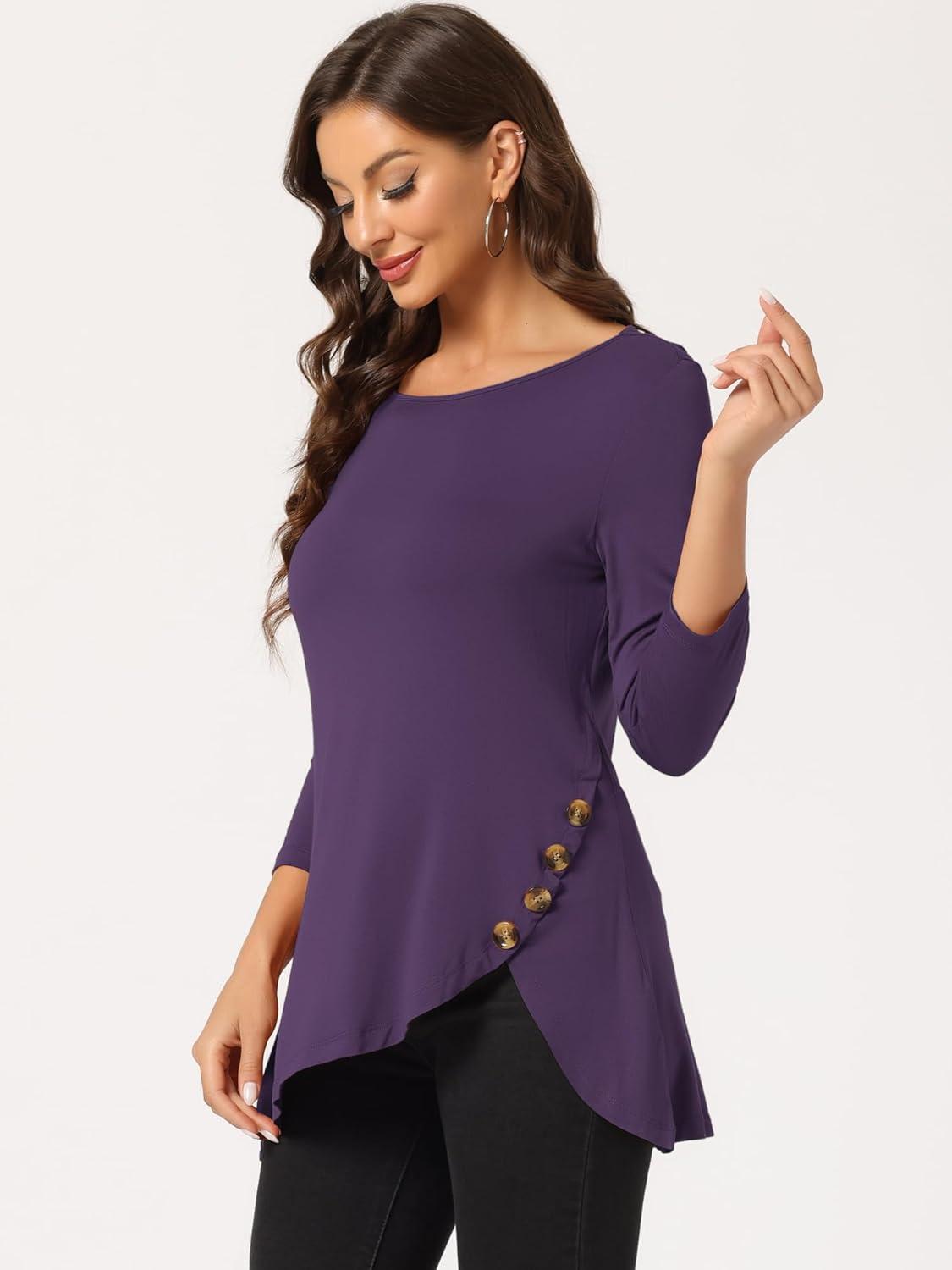 imageAllegra K Womens Tunic Tops Loose Fit Dressy High Low Round Neck 2025 Fall 34 Sleeve Long ShirtDark Purple