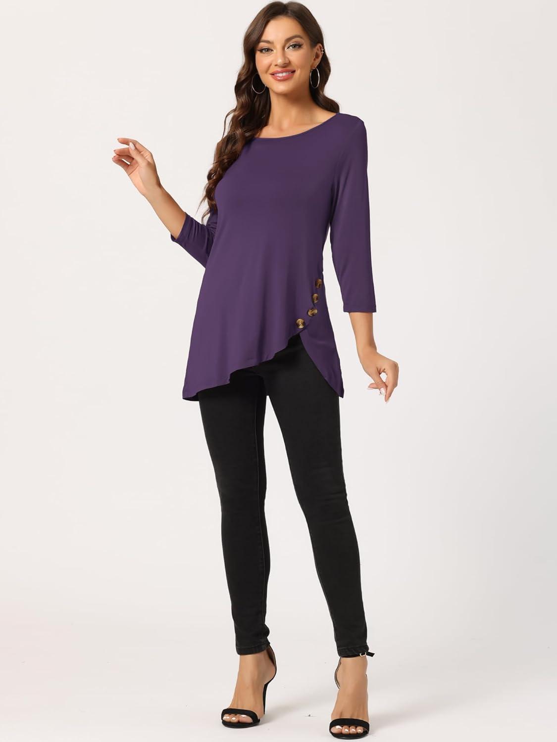 imageAllegra K Womens Tunic Tops Loose Fit Dressy High Low Round Neck 2025 Fall 34 Sleeve Long ShirtDark Purple